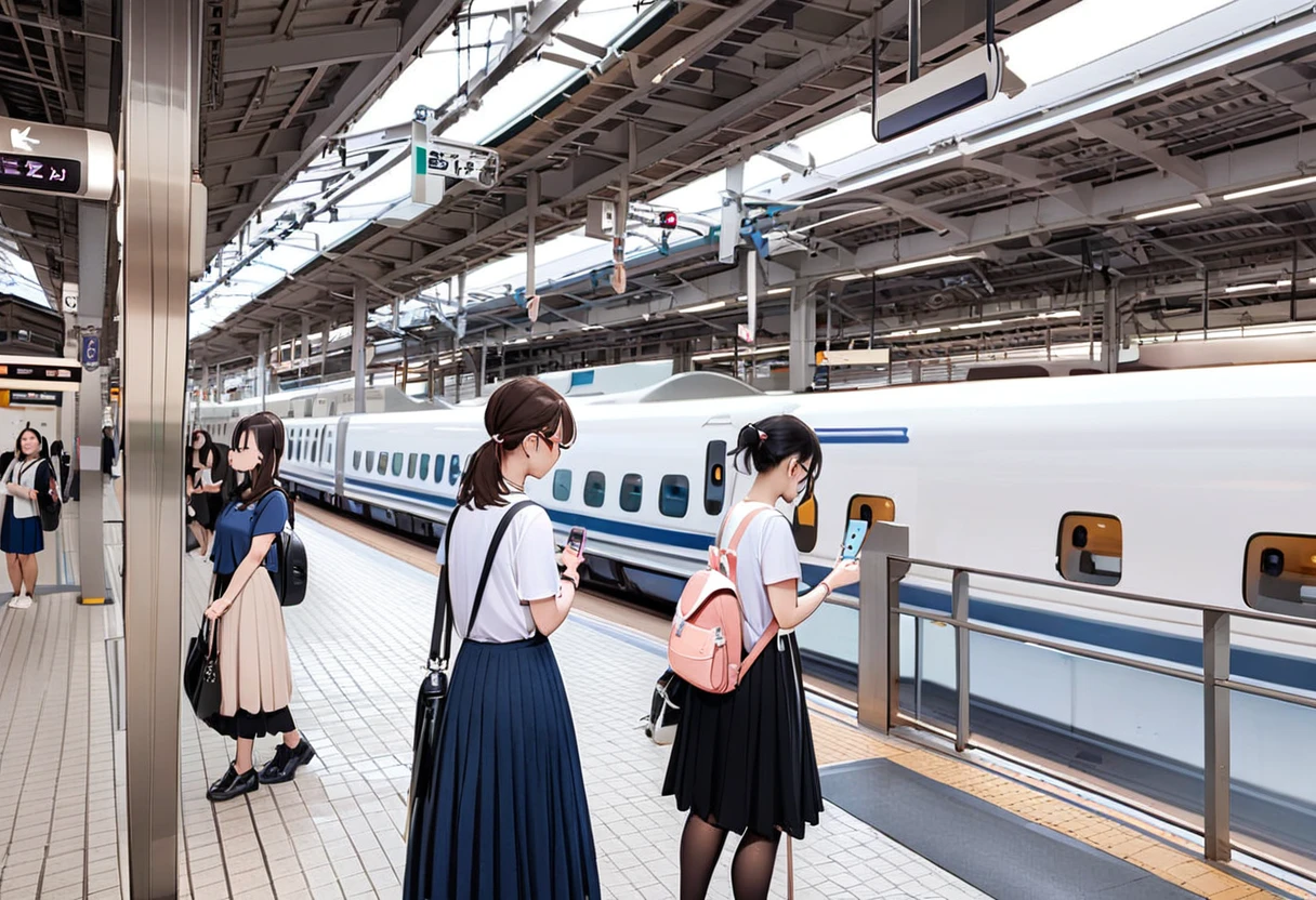 masterpiece, best quality, very aesthetic, absurdres,
shinosaka, multiple girls, train station, bag, shirt, blue skirt, skirt, white shirt, phone, holding phone, long skirt, black bag, pants, 3girls, black hair, holding, cellphone, short hair, black pants, backpack, white footwear, shoes, photo background, shoulder bag, ponytail, train, standing, short sleeves, wide shot, smartphone, short ponytail, brown hair, looking at phone, black footwear, scenery, outdoors, tile floor, real world location, railroad tracks
<lora:shinosakaeki_platform_SDXL_V1:1>
