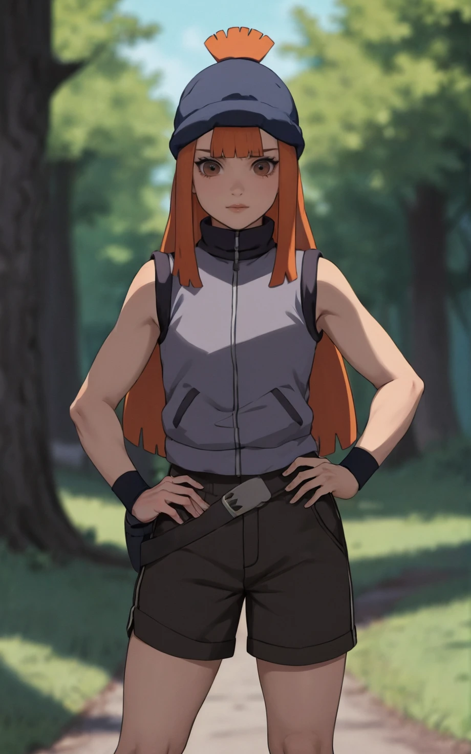 ((masterpiece, best quality)), insaneres, absurdres, solo,  vanishing point, 
NARUTO_Kunoichi_Sasame_ownwaifu, 
1girl, long hair, orange hair, blunt bangs, hat, brown eyes, sidelocks, blue headwear,  ponytail, topknot, 
sleeveless, vest, shorts, bare shoulders, jacket, turtleneck, bare arms, bike shorts, black shorts, grey shirt, sleeveless shirt, wristband,
(contrapposto, hand on hip)<lora:NARUTO_Kunoichi_Sasame_ownwaifu:0.85>,
outdoors, lens flare, depth of field, bokeh, embers, looking at viewer,