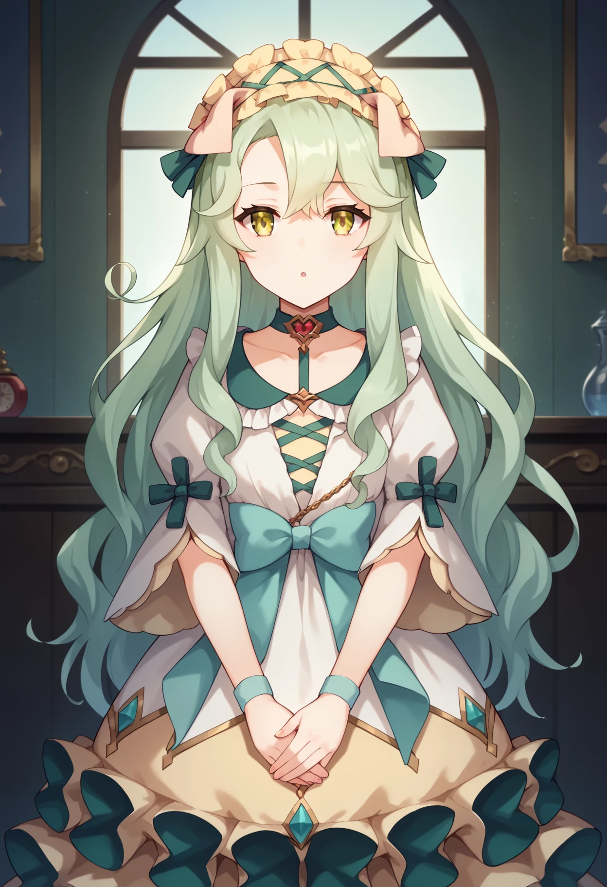score_9, score_8_up, score_7_up, score_6_up, score_5_up, score_4_up, source_anime,
(masterpiece, best quality), fcDetailPortrait, solo, indoors, 1girl, pcrpreciadef, bangs, hair between eyes, animal ears, beige hairband, frilled hairband,
white dress, frilled dress, jewelry, collarbone, long sleeves, bow, frills, green choker, puffy sleeves, wide sleeves,
looking at viewer,
standing, own hands together,