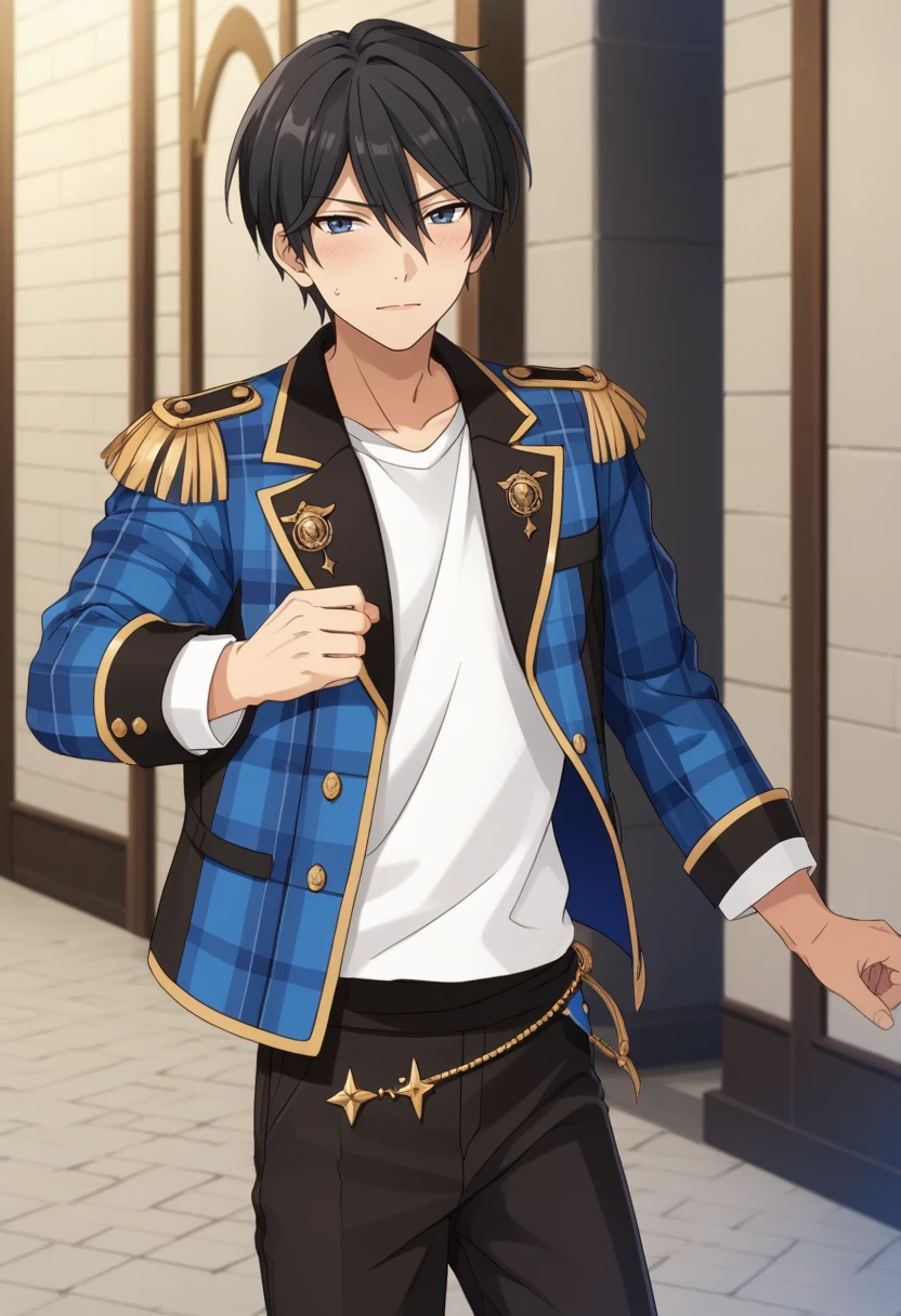 score_9, score_8_up, score_7_up, masterpiece, best quality, cute,Hokuto Hidaka, black hair, blue eyes, ((solo focus)), male focus, blue plaid jacket, sweat, black pants, white t-shirt, ,EPAULETTES<lora:EMS-364669-EMS:1.000000>