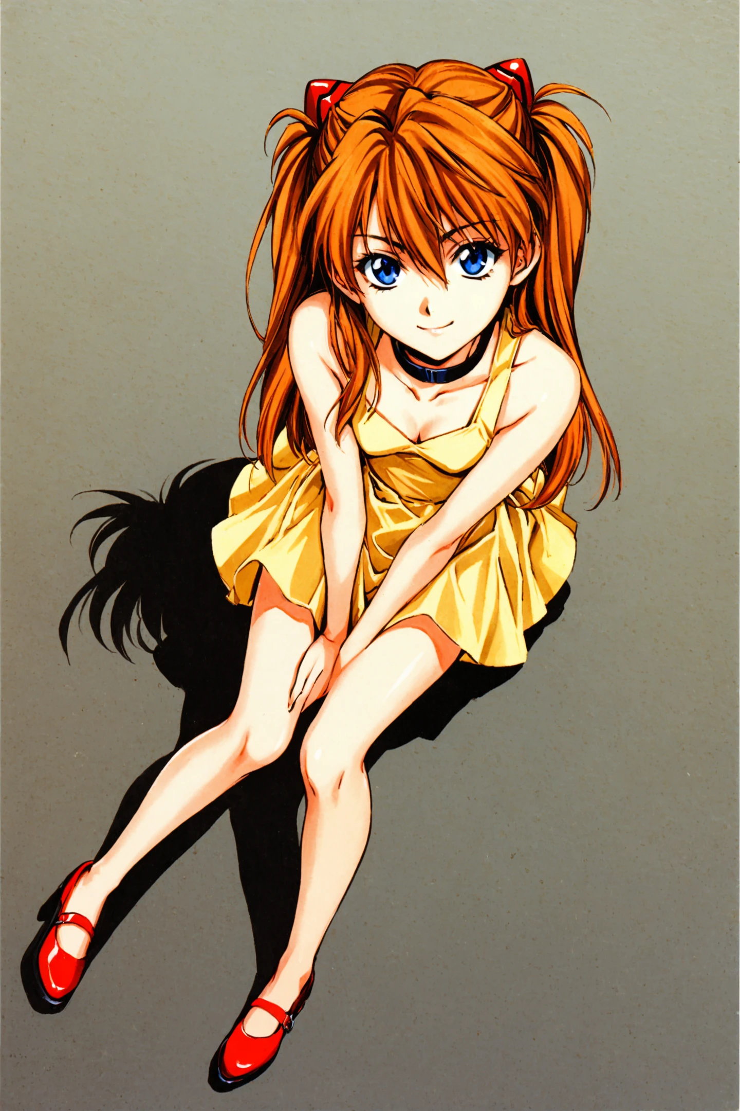 1girl,souryuu asuka langley,yellow dress,dress,solo,shadow,long hair,blue eyes,breasts,gradient,orange hair,gradient background,smile,choker,sitting,shoes,bangs,full body,cleavage,looking at viewer,small breasts,bare shoulders,from above,two side up,yellow background,v arms,light smile,sleeveless,hair ornament,closed mouth,sleeveless dress,traditional media,<lora:Yuki Kaori_XL:0.8>,