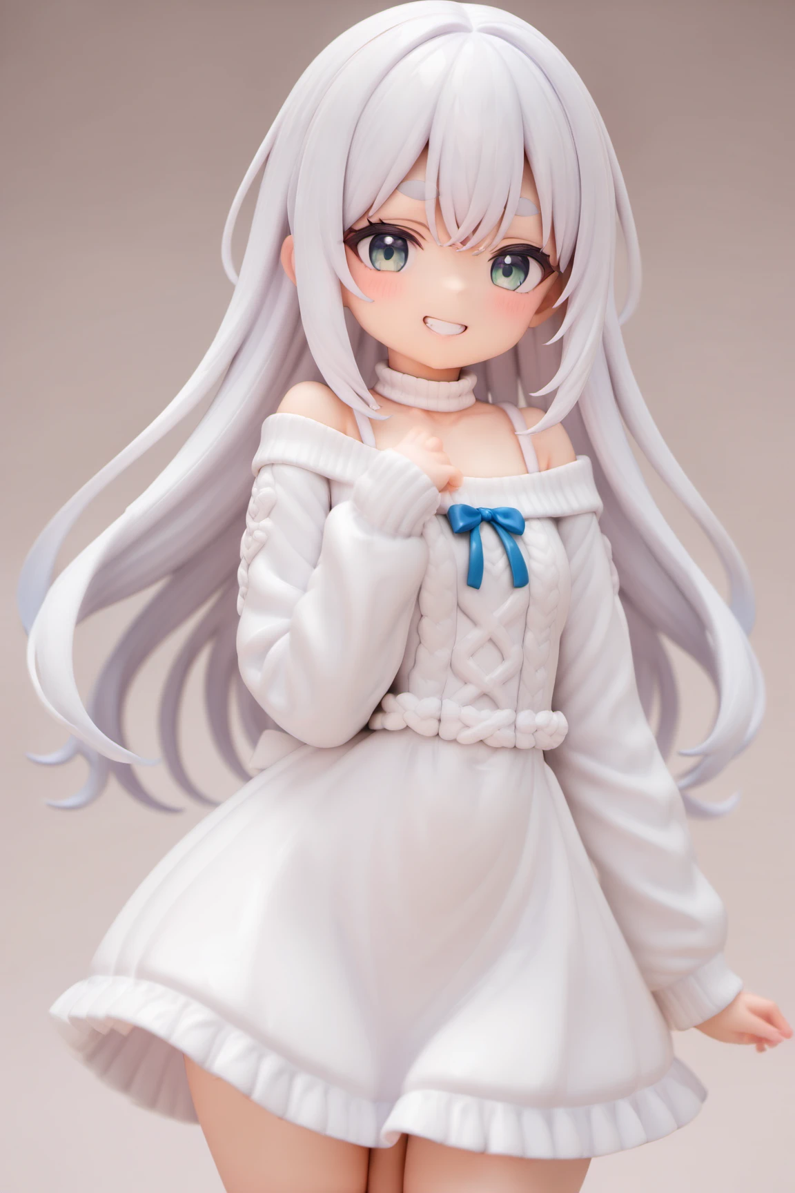 <lora:uchinokoset1anima31:0.9>, masterpiece, best quality, very aesthetic, absurdres,pvc,offsho,lureina dress sweater,clavicle,cowboy shot, lilimliliy, grin, white hair, gray eyes, thick eyebrows,