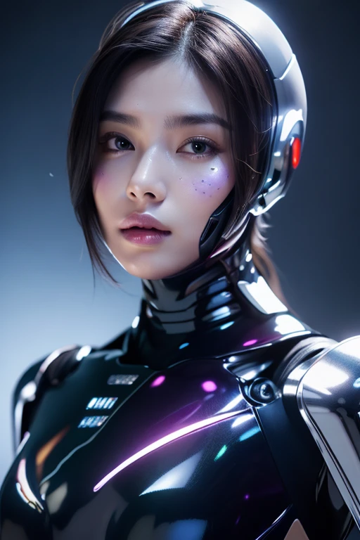 (masterpiece, best quality:1.4), 8k, highres, shiny skin, lips, super detailed skin, detailed beautiful face and eyes, spotlight, (body suit, dark robot, purple aura, smog), (from below), long hair, <lora:body_robot_v1:0.7>