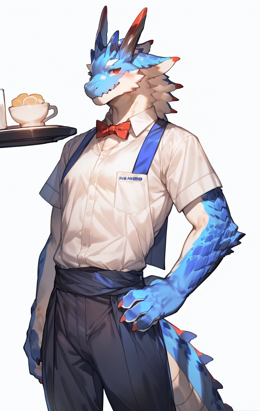 by kiyosan,by pgm300,(by bebebebebe:0.75),by milkytiger11145,
kemono,anthro,
male,
dragon,tail,
blue body,
looking at viewer,smile,
white shirt,bow tie,waiter,vest,
arms behind back,
standing,<lora:lagiacrus-15:1>,