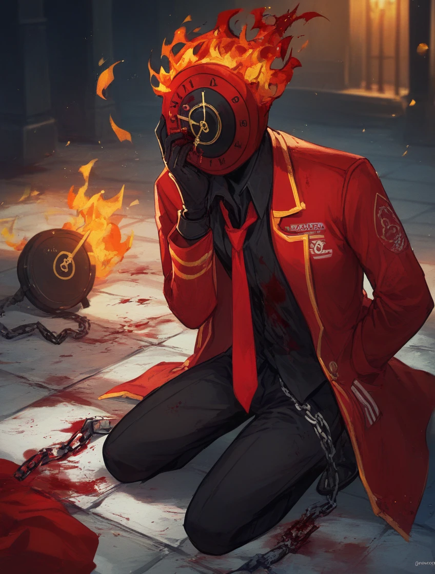 (score_9, score_8_up:1.1), score_7_up, <lora:Dante_Limbus_Model:1>, DanteLimbus, solo, shirt, gloves, long sleeves, 1boy, jacket, male focus, open clothes, necktie, black gloves, collared shirt, pants, coat, black shirt, black pants, formal, suit, fire, red necktie, red jacket, arm behind back, black vest, red coat, prosthetic red clock instead head, dungeon, darkness, weak light from torches, hands on face, kneeling, blood on body, blood on floor, pain, far from viewer, looks at the floor, corpses on the floor, chains from the body, black skin, Rivers of blood