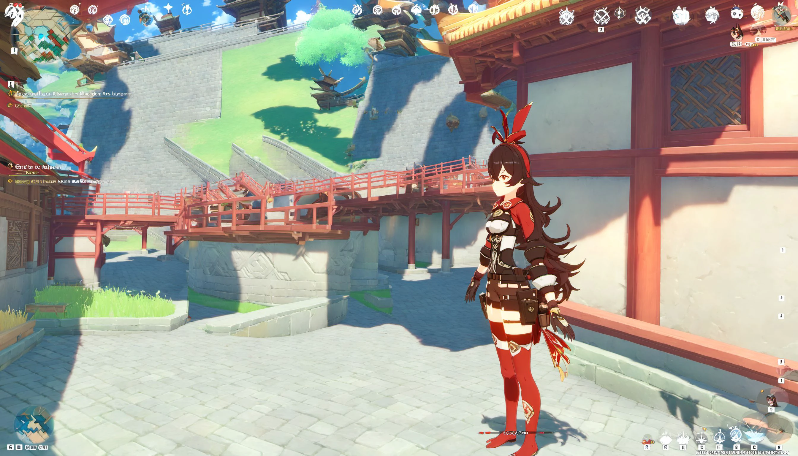 1girl, long hair, bangs, brown hair, thighhighs, gloves, long sleeves, ribbon, hair between eyes, brown eyes, hair ribbon, sidelocks, outdoors, shorts, from side, english text, goggles, building, scenery, walking, vision (genshin impact), architecture, gameplay mechanics, east asian architecture, brown shorts, fake screenshot, heads-up display, amber (genshin impact), genshinamber <lora:kamber1:1>