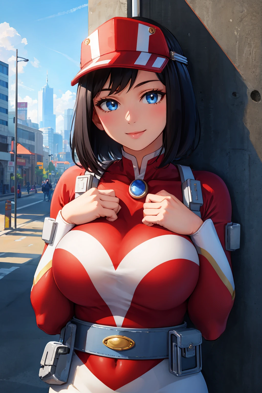 masterpiece, best quality, 1girl,  <lora:kodaiyui-nvwls-v1-000009:0.9> kodaiyui, visor cap, red and white bodysuit, long sleeves, belt, white skirt, upper body, smile, blue sky, city, large breasts