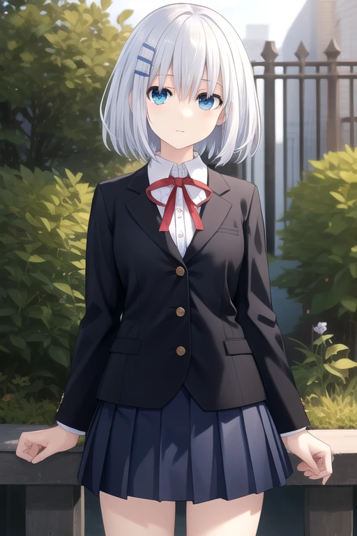 ((masterpiece)),(best quality),official art,extremely delicate and beautiful,extremely detailed CG,unity 8k wallpaper,ultra detailed,beautiful detailed eyes,extremely detailed face,outdoors,1girl,solo,cowboy shot,looking at viewer,facing viewer,deadpan,tobiichi origami,short hair,aqua hair,hairclip,hair between eyes,bangs,blue eyes,black jacket,white shirt,collared shirt,red ribbon,medium breasts,long sleeves,pleated skirt,miniskirt,blue skirt,white socks,loafers,<lora:Tobiichi Origami(dal)>,<lora:TSNeptunia-000045:0.5>,