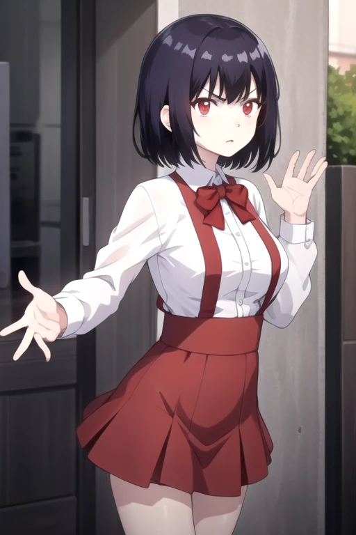 ((masterpiece)),(best quality),official art,extremely delicate and beautiful,extremely detailed CG,unity 8k wallpaper,ultra detailed,beautiful detailed eyes,extremely detailed face,outdoors,1girl,solo,cowboy shot,looking at viewer,facing viewer,serious,(petite:1.2),short hair,black hair,red eyes,glowing eyes,bangs,school uniform,collared shirt,white shirt,long sleeves,open hands,large breasts,suspender skirt,red skirt,white socks,loafers,<lora:Hanako(remake):0.8>,