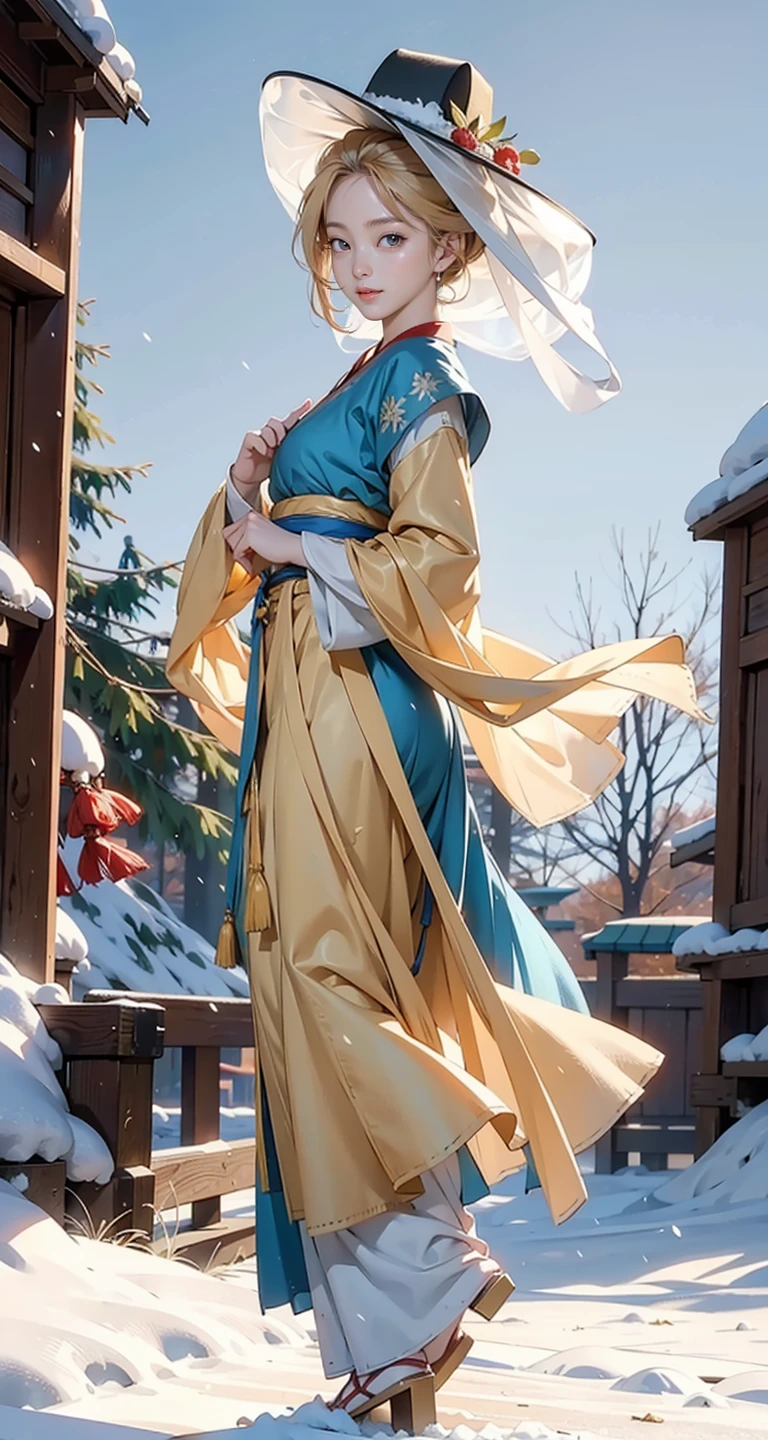 1girl, veil_hat, hanfu, stand, full body, snowing, snow, outdoor, golden hair, blonde hair, masterpiece, best quality, 8k,