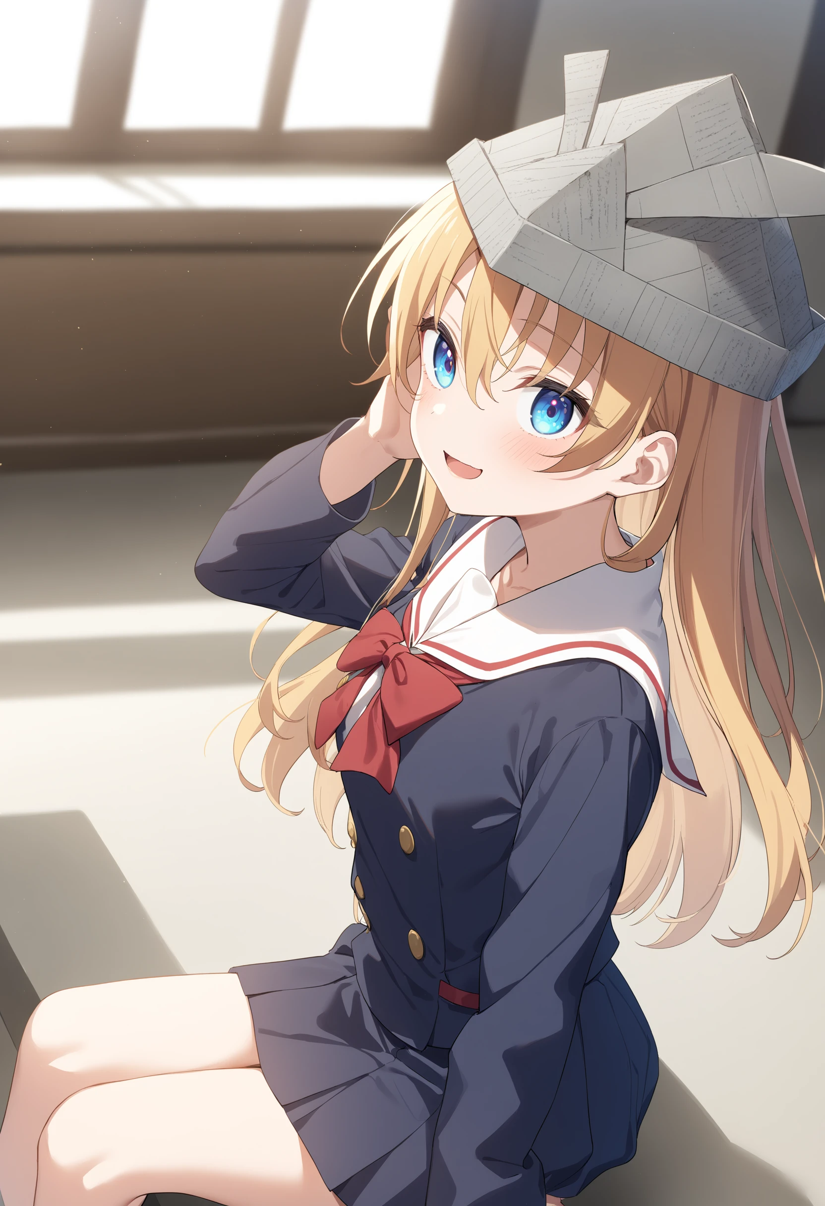 1girl,sincos, ningen mame, toosaka asagi,solo,medium breasts,school uniform,
paper kabuto, kodomo no hi, paper hat,<lora:paperkabuto_XL_v1:0.8>
from side, feet out of frame, looking up, light smile, in church dark, open mouth,blonde hair, silver eyes,
best quality, very aesthetic, absurdres