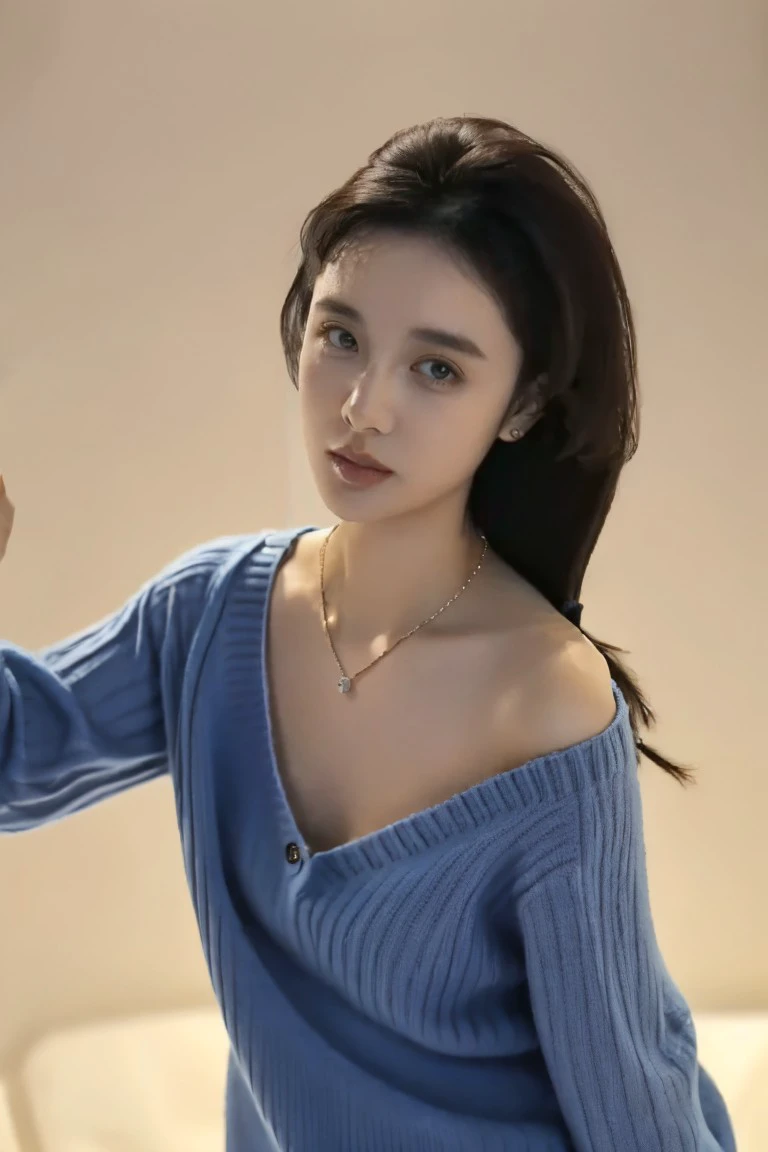 1girl, medium breasts, looking at viewer, realistic, photorealistic, black hair, long hair,
hyper detailed, super sharp, crisp, smooth, smooth gradients, depth of field, 
(in studio: 1.1), (white background: 1.1), blue sweater, collarbone, jewelry, necklace, shawl, sweater,,,
<lora:91porn_chuizitanhua_02:1>, <lora:breastsizeslideroffset:-0.4>, <lora:skin_slider_v2_1_FACE:0.5>, <lora:add_detail_v5:1>,