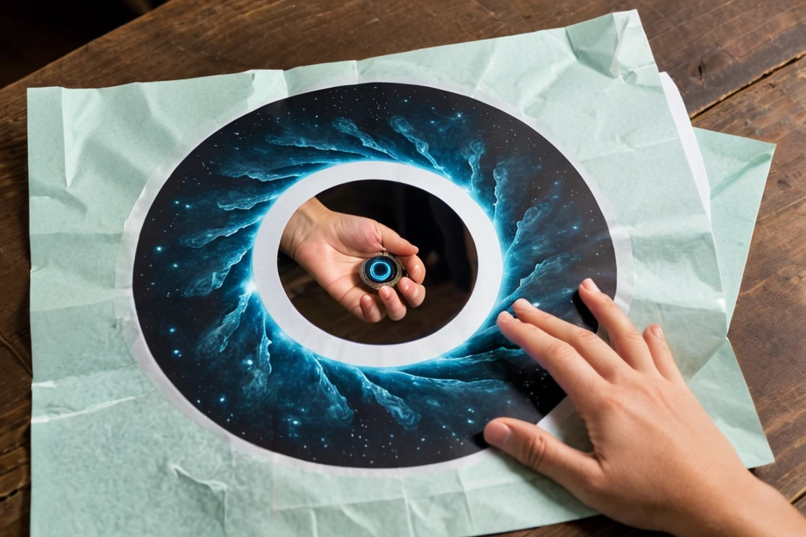 POW camera angle, there is a portal in the center of the paper on the table and a hand coming out of the portal