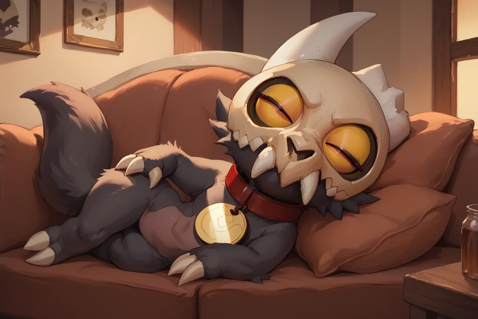 score_9, score_8_up, score_7_up, masterpiece, high quality
<lora:King ClawthornePonyLora:1> 1boy, skull helmet, teeth, pokemon (creature), colored sclera, red collar with circle pet tag, claws, tail, broken horn, sleeping on a couch, indoors