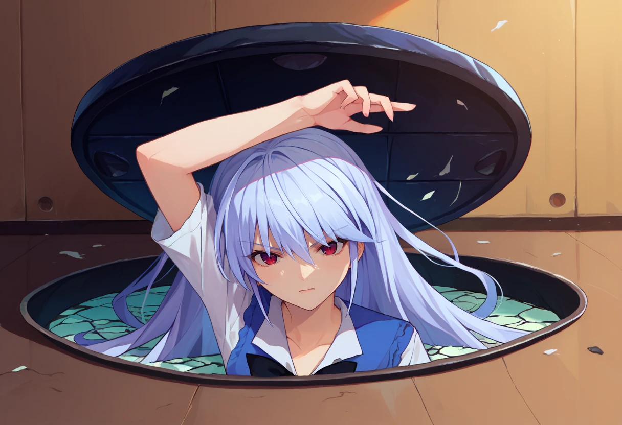 score_9, score_8_up, score_7_up,  1girl, Majima everywhere, manhole cover, arm up, <lora:Majima everywhere 3-000008:1>      <lora:Kazuki DORAV2:1>  Kazuki, silver hair, long hair, red eyes, white shirt, blue dress, black bow,