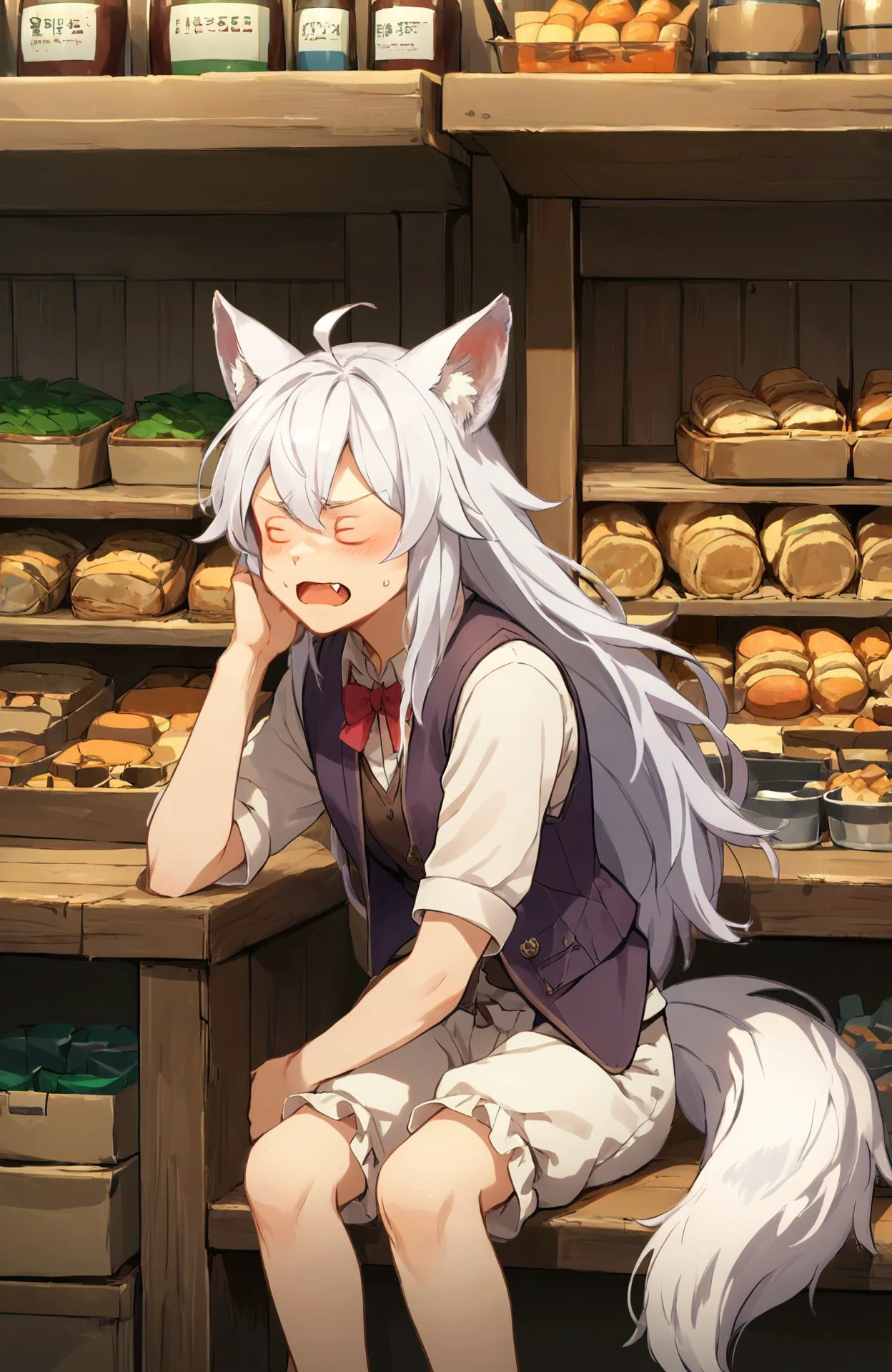 <lora:3_3:0.85> <lora:noela:0.65>  3_3, closed eyes, 1girl, long hair, white hair, wolf ears, tail, vest, bloomers, fang, indoors, shop, medieval, wooden wall, upset, close-up,, score_9, score_8_up, score_7_up, score_6_up, score_5_up, score_4_up, ponypositive,