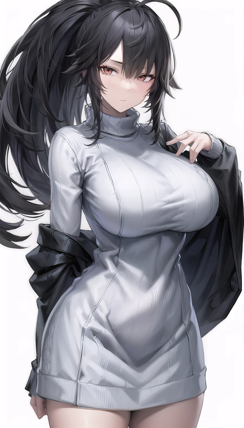 high ponytail,
(sweater:1.28),
lady,mature female, cowboy shot,
(white background,simple background:1.18),
highres,official art,original,masterpiece,best quality,
(huge breasts:0.8),
<lora:ast:0.6>