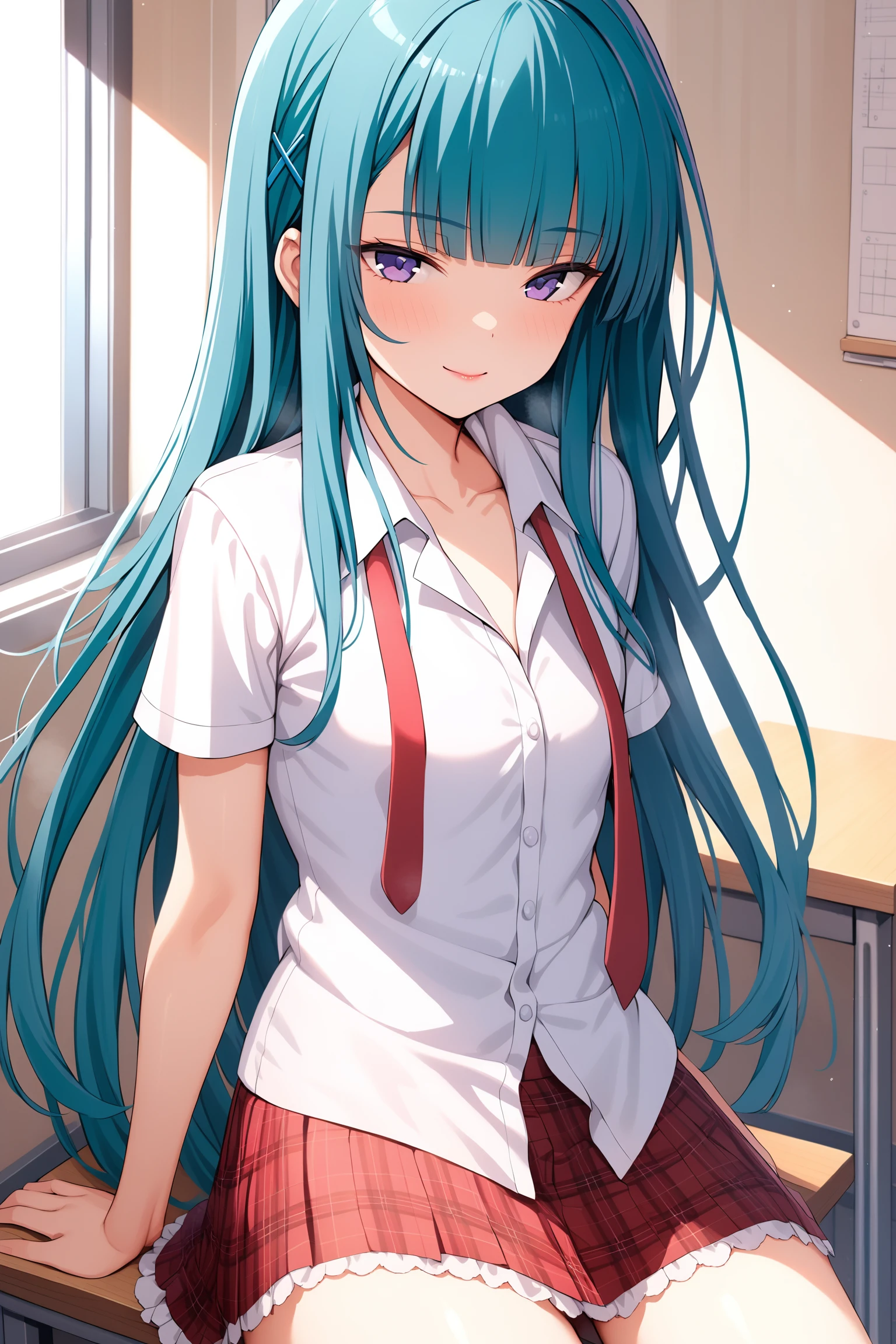 (masterpiece, best quality, very aesthetic, ultra detailed), intricate details, highly detailed background, perfect lightingbest quality, chiyouraayame, solo, indoors, classroom, aqua hair, blunt bangs, hairclip, x hair ornament, very long hair, purple eyes, small breasts, red necktie, undone necktie, white shirt, short sleeves, red skirt, plaid skirt, school uniform, smile, closed mouth, :), pink lips, <lora:Chiyoura-Ayame:0.7>