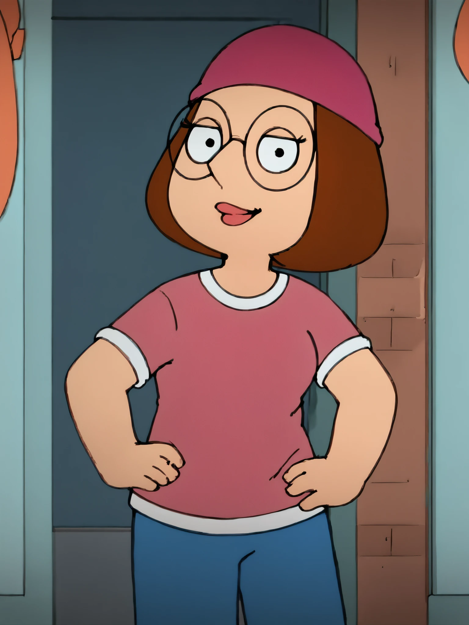 <lora:Meg_Griffin:1.0>meg, brown hair, 1girl, glasses, solo, short hair, flat color, blue pants, beanie, pink shirt,standing, hand on own hip,  looking at viewer, smile, score_9, score_8_up, score_7_up, score_6_up, score_5_up, score_4_up