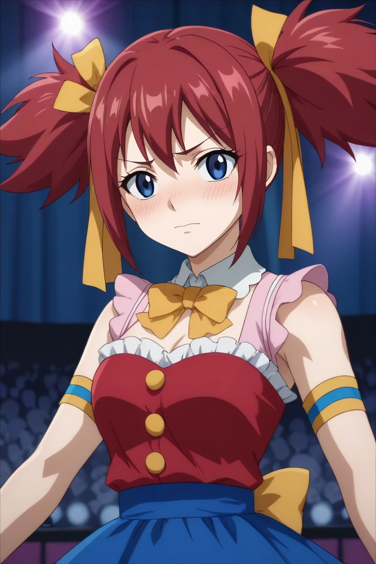 score_9, score_8_up, score_7_up, source_anime, rating_safe, , anime screencap, anime coloring, , looking at viewer, , 1girl, solo, <lora:chelia_blendy_pony:0.92>, chelia_blendy, red hair, blue eyes, ribbon, hair ribbon, twintails, short twintails, upper body, concert, stage, stage lights, idol, day, holding weapon, embarrassed, nose blush, clown costume, <lora:sdxl_lightning_8step_lora:1>