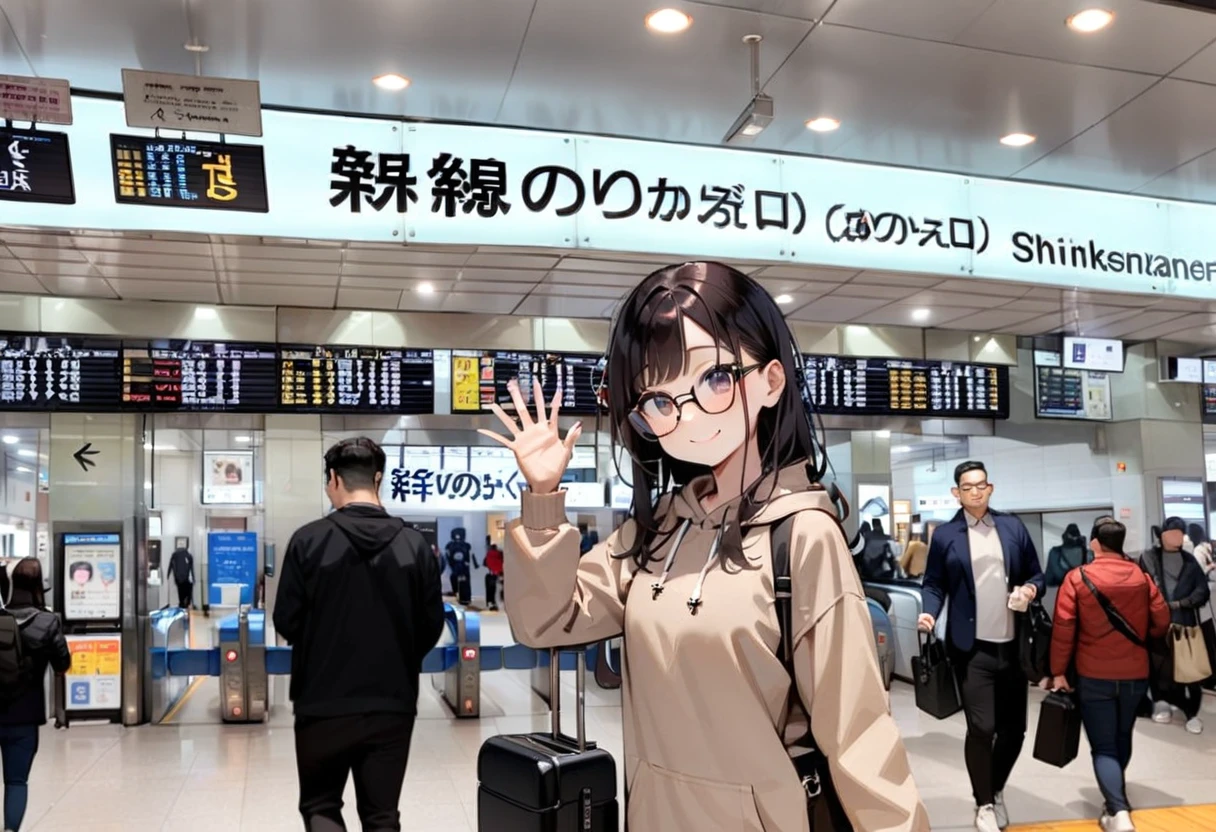 masterpiece, best quality, very aesthetic, absurdres,
1girl, solo, glasses, black hair, long hair, hoodie, pants, rolling suitcase, smile, looking at viewer, solo focus, waving,
shinosaka, norikaeguchi, ticket gate, 6+boys, multiple boys, train station, indoors, ceiling light, bag, ceiling, photo background
<lora:shinosakaeki_norikaeguchi_SDXL_V1:1>