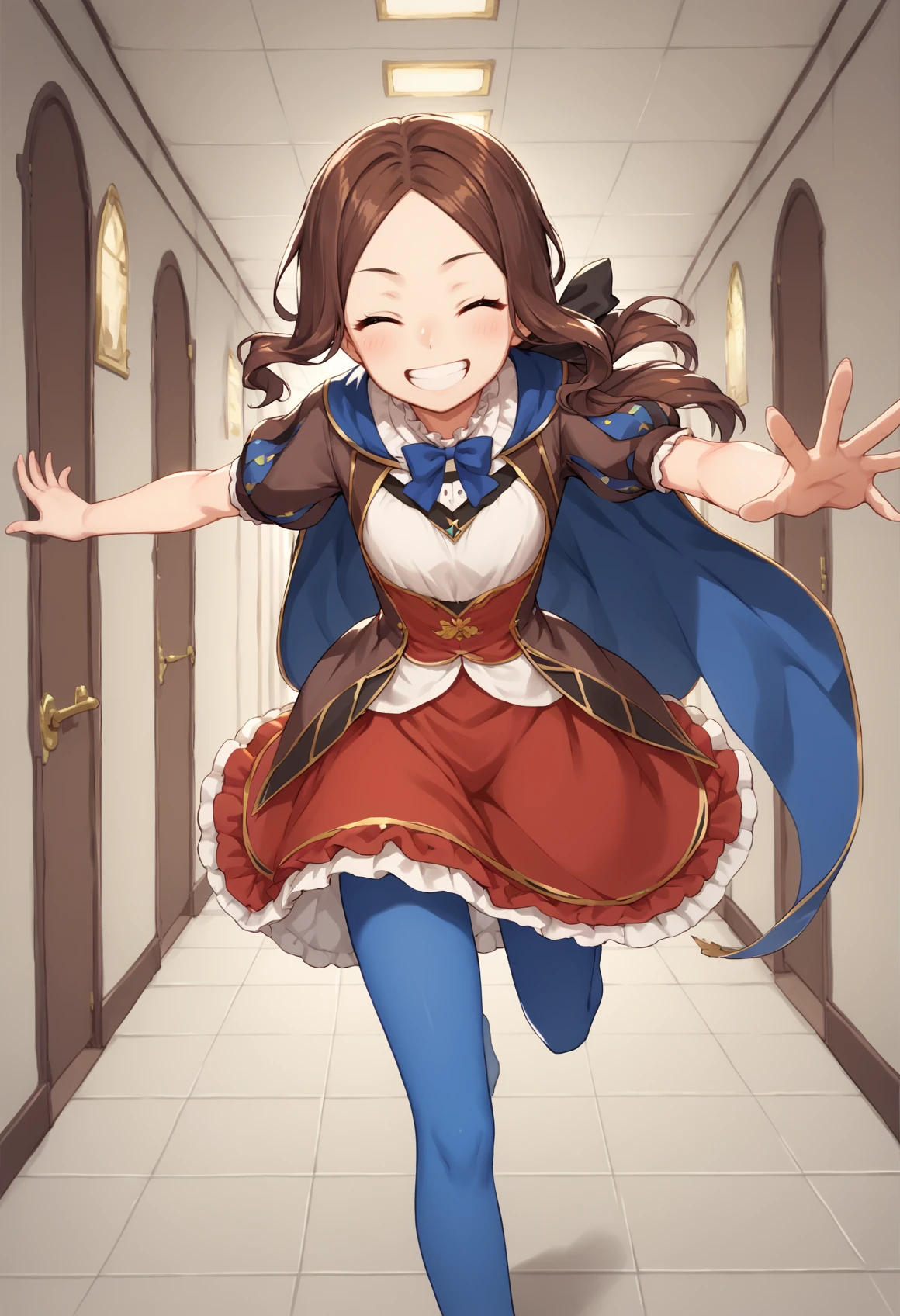 1girl, blue eyes, long hair, brown hair, sidelocks, low ponytail, ribbon, dress, white shirt, puffy sleeves, short sleeves, red skirt, cape, blue pantyhose, running, reaching towards viewer, closed eyes, smile, open mounth, indoors, hallway, close-up <lora:Vinci_XL:1>, score_9, score_8_up, score_7_up, score_6_up, score_5_up, score_4_up, BREAK source_anime, masterpiece