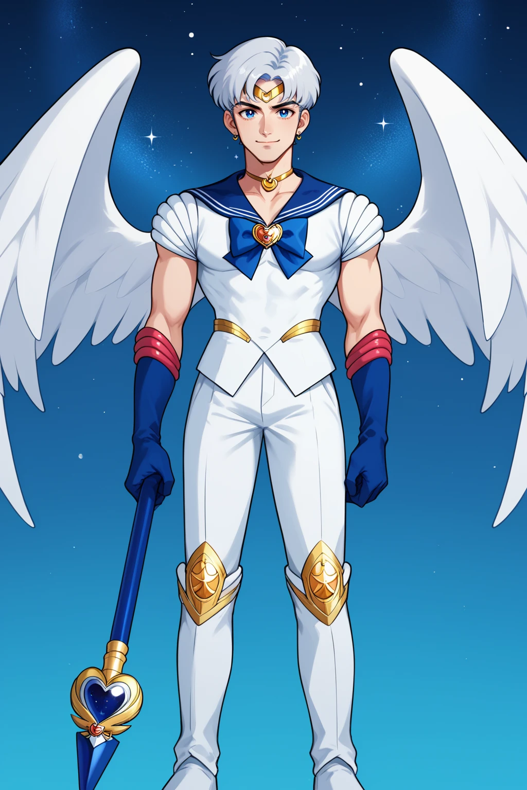 1boy, Alternative Sailor Moon, manly, silver hair, blue eyes, crescent forehead mark, smirk, blue sailor collar, boots, brooch, necklace with ruby pendant, closed mouth, crescent ear piercings, white short hair, (hair ornament), heart brooch with , (blue bowtie), holding staff, white suit, knee boots, dark blue sailor pants, looking at viewer, magical boy, multicolored clothes, parted bangs, male sailor senshi uniform, solo, white footwear, dark blue gloves, starry night sky background, shining moon, white wings, deep focus, PonyXLV6_Scores, <lora:AltMoonPonyXL:1>