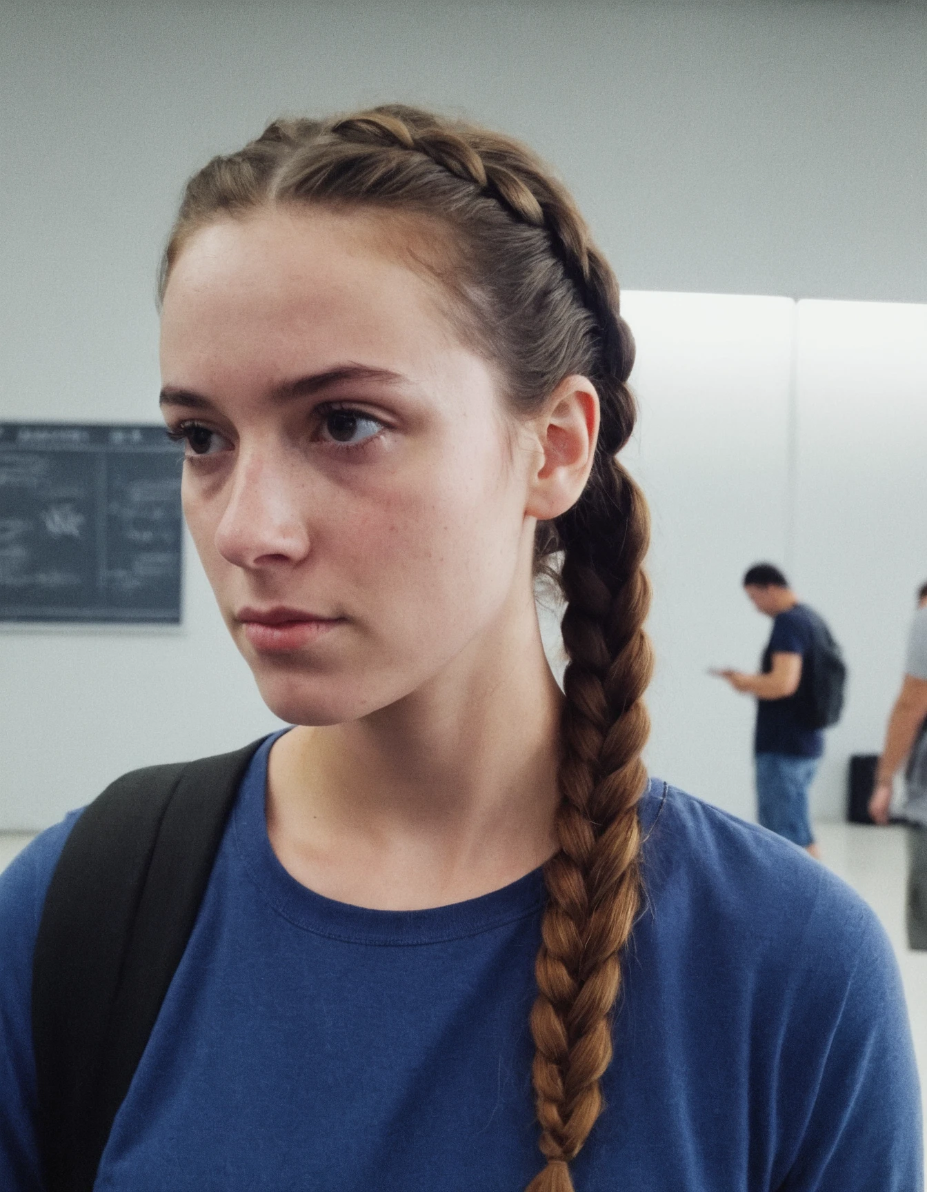 amateur cellphone photography woman with Dark brown French braid hair at flight school, (freckles:0.5) . f8.0, samsung galaxy, noise, jpeg artefacts, poor lighting, low light, underexposed, high contrast