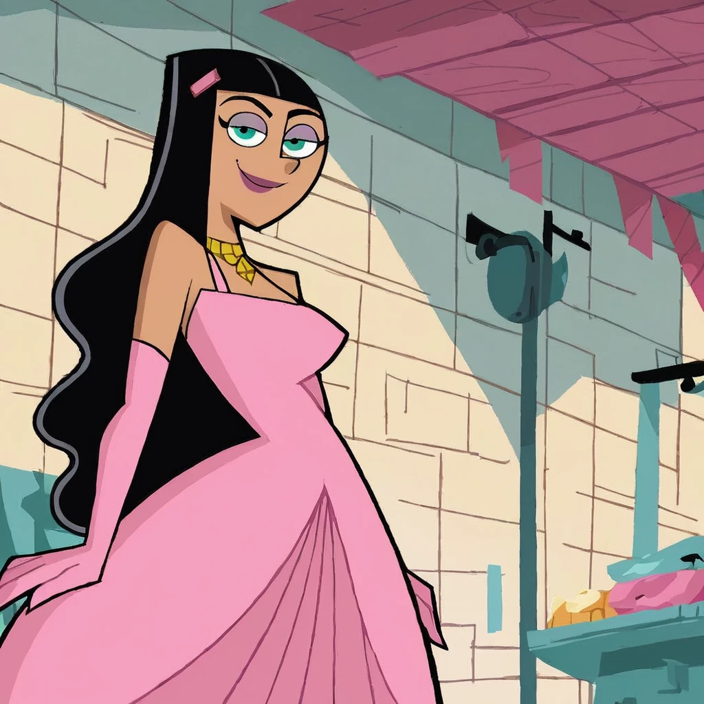 score_9, score_8_up, score_7_up, score_6_up, score_5_up, score_4_up, BREAK, (source cartoon), (rating safe), paulina, 1girl, solo, wearing pink dress, necklace, indoors, looking at viewer, closed mouth, smile, <lora:PaulinaDPXL:1>, makeup, lipstick, aqua eyes, pink dress, elbow gloves,