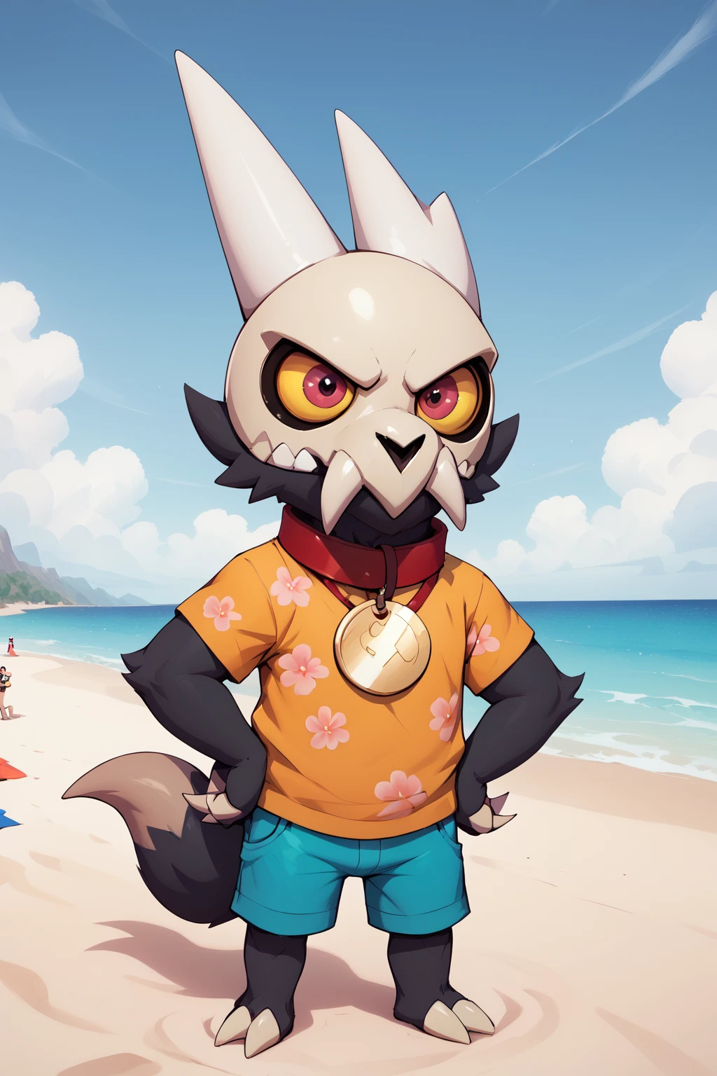 score_9, score_8_up, score_7_up, masterpiece, high quality
<lora:King ClawthornePonyLora:0.8> 1boy, skull helmet, teeth, pokemon (creature), colored sclera, red collar with circle pet tag, claws, tail, wearing a a hawaiian shirt and shorts, standing on the beach