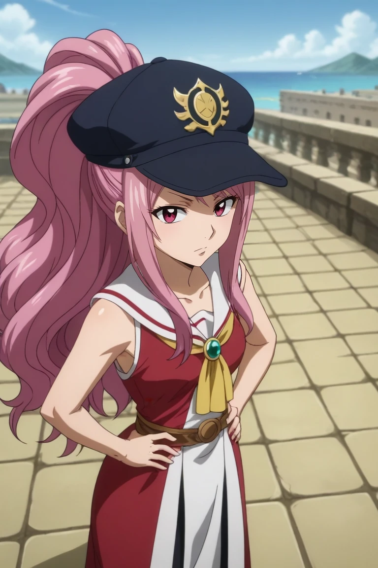 score_9, score_8_up, score_7_up, source_anime, rating_safe, intricate details, anime screencap, , , , depth of field, 1girl, solo, <lora:meredy_fairy_tail_pony:0.96>, meredy_fairy_tail, pink hair, pink eyes, long hair, ponytail, from above, atlantis, day, clouds, hands on hips, squinting, toga, greek clothes, hat, <lora:sdxl_lightning_8step_lora:1>