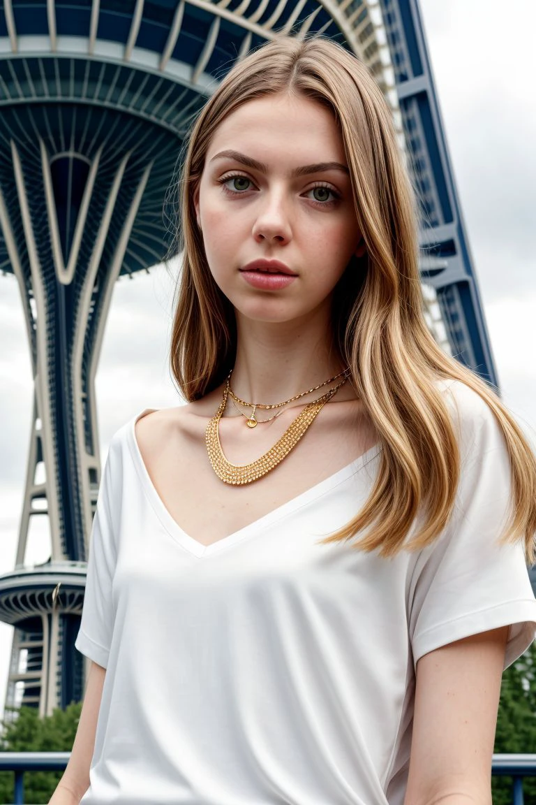 woman, closeup, (shirt), pants, (amsterdam canals), cross necklace , ZM_elli, wide shoulders, perfect face, (contact iris: 1.1), pale skin, skin pores , depth of field