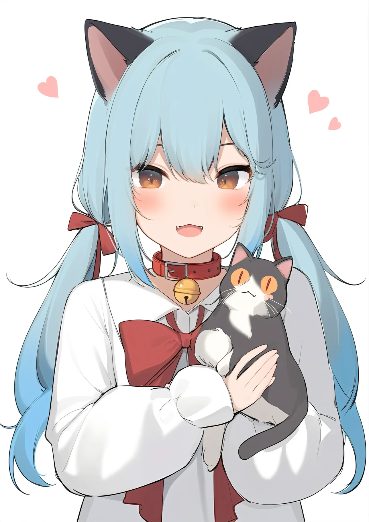 1girl,
amashiro natsuki,
open mouth, simple background, animal ears, red ribbon, neck bell, holding, twintails, holding animal, blue hair, ribbon, hair bow, gradient hair, long hair, puffy sleeves, white background, looking at viewer, smile, multicolored hair, animal, :d, blush, low twintails, long sleeves, red bow, heart, hair between eyes, cat ears, white shirt, shirt, cat, red collar, bow, brown eyes, bell, fangs, puffy long sleeves, black hair, animal ear fluff, holding cat, solo, hair ribbon, jingle bell, upper body, collar,
masterpiece, best quality, absurdres, highres, safe
<lora:amashiro_natsuki_image341_2024-03-28_a31-000030:1>