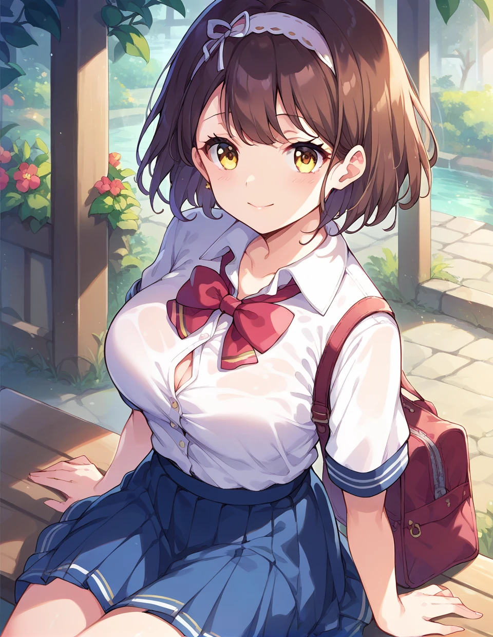score_9,score_8_up,score_7_up,score_6_up,score_5_up,score_4_up,
1girl,<lora:batogamari_pony:1>,batogamari,yellow eyes,brown hair,medium hair,looking at viewer,white hairband,large breasts,medium breasts,
school uniform,skirt,flower