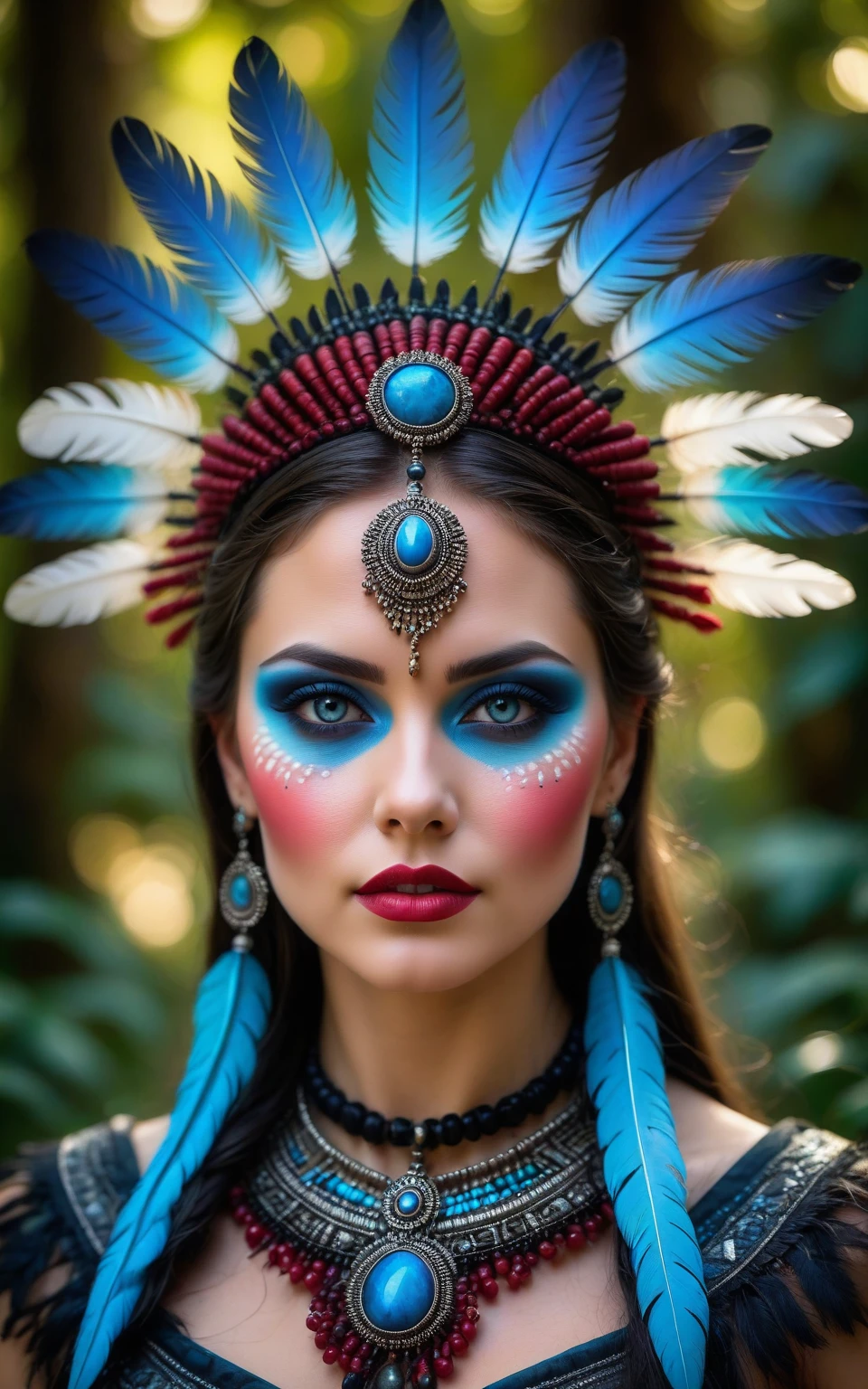 (best quality,8K,highres,masterpiece), ultra-detailed, (realistic portrait) of a girl, solo, showcasing long, flowing black hair and captivating blue eyes that hold the viewer's gaze. This portrait emphasizes her striking features enhanced by meticulous makeup, including vivid lipstick that accentuates her lips. She wears exquisite jewelry, a necklace that complements her attire, and is adorned with a unique headdress featuring feathers, adding a majestic and ethereal quality to her appearance. The inclusion of a mask and face paint draws inspiration from Native American traditions, enriching the portrait with cultural depth and significance. The overall composition is a celebration of beauty, tradition, and the artistry of makeup and adornment, rendered with lifelike precision and attention to detail,realistic portrait