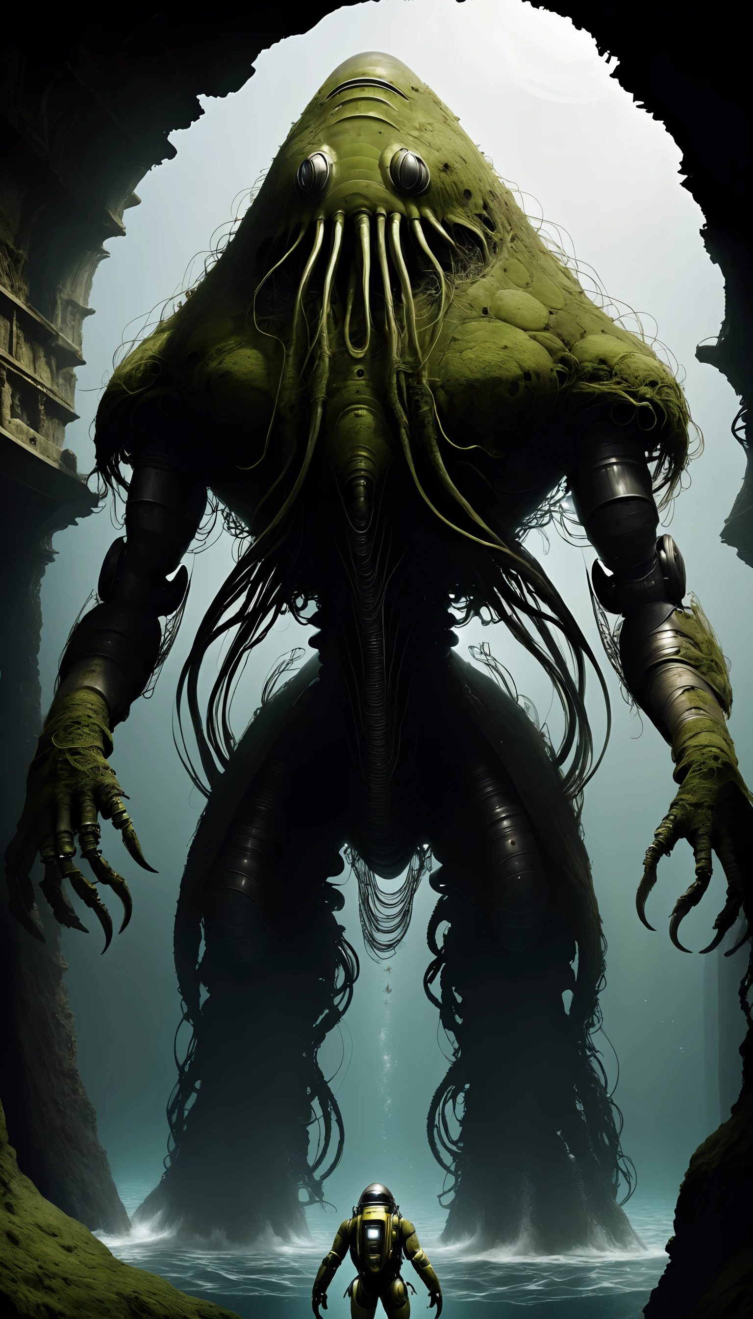 RAW Photo, photorealistic, <lora:mosscoveredXL:1>moss a colossal sea creature interacting with an underwater research robot, no_humans, in underground spring, dynamic pose, dynamic angle, detailed intricate, nature, natural elements,, (Masterpiece:1.3) (best quality:1.2) (high quality:1.1)