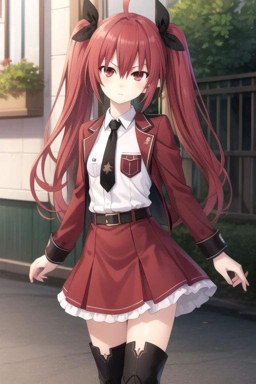 Itsuka kotori, masterpiece, best quality, very aesthetic, absurdres, newest,1girl,upper body, from below, (contempt, disgust,shaded face,looking at viewer,frown), white shirt, black tie, red skirt with black lines.