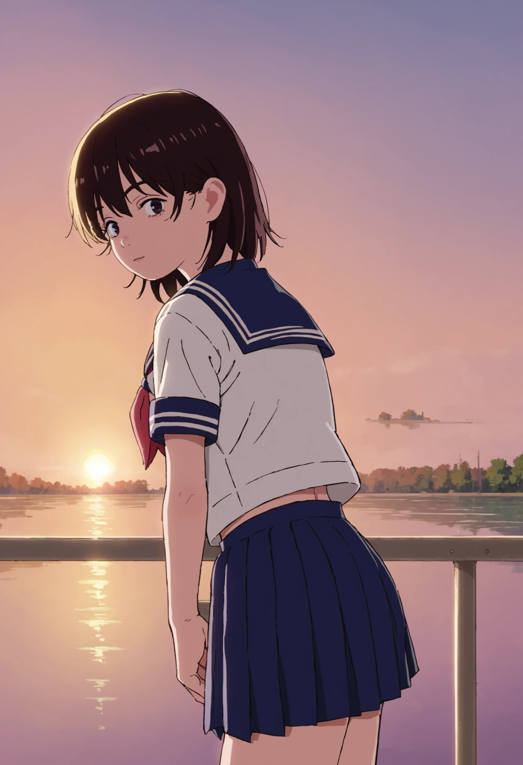 score_9_up score_8_up score_7_up, source_anime, 1girl, serafuku, school uniform, pleated skirt, sunset, backlighting, from side, looking at viewer, looking back
<lora:look_back_style_pony_d16:1>