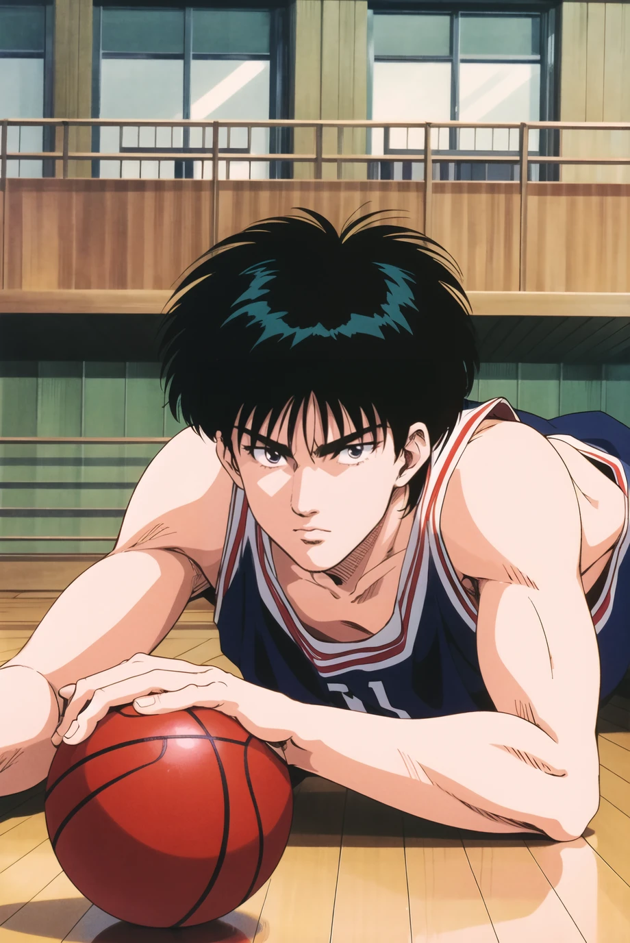 masterpiece,best quality,highres,<lora:Rukawa Kaede:0.6>,1boy,solo,Rukawa Kaede,1990s \(style\),black hair,basketball court,lying,wooden floor,