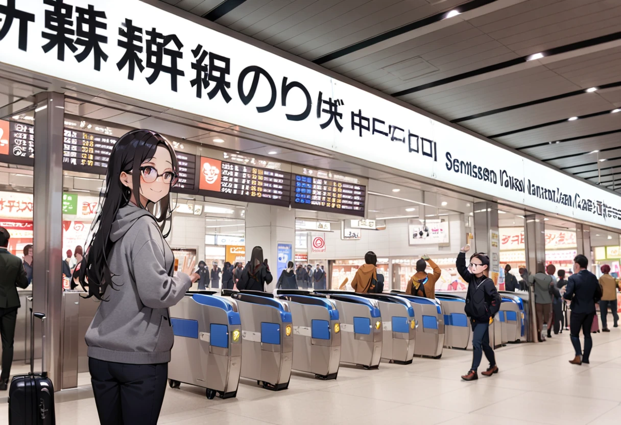 masterpiece, best quality, very aesthetic, absurdres,
1girl, solo, glasses, black hair, long hair, hoodie, pants, rolling suitcase, smile, looking at viewer, solo focus, waving,
shinosaka, chuoguchi, ticket gate, multiple boys, 6+boys, scenery, shop, indoors
<lora:shinosakaeki_chuoguchi_SDXL_V1:0.8>