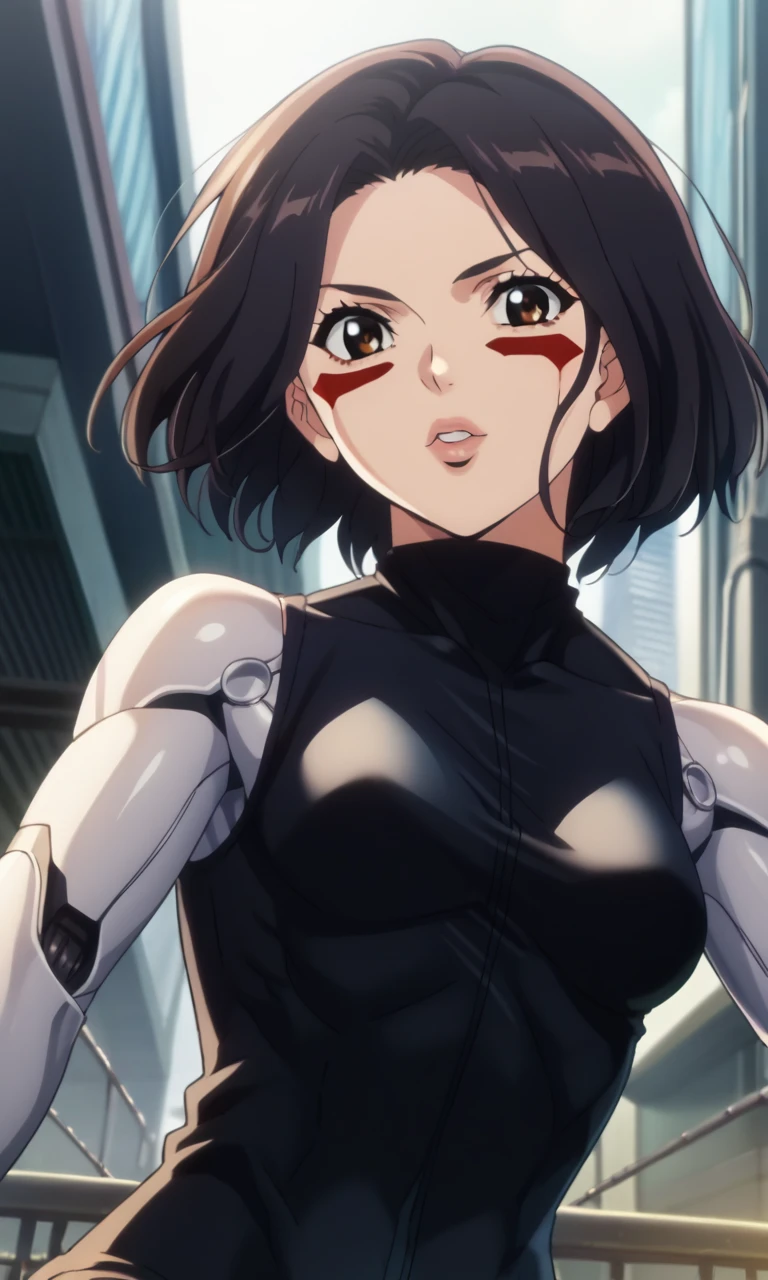 score_9, score_8_up, score_7_up, 1girl, source_anime, anime style, screencap, <lora:Gally:1> gallyxl, medium hair, black hair, brown eyes, lips, facepaint, facial mark, bodysuit, pants, mechanical arms, robot skin, bare shoulders, android, cyberpunk, science fiction, parted lips, city, pov, selfie, light smile, <lora:anime_screencap:1.3> fine anime screencap_xl, (anime_screencap:1.2), (flat color), 1990s \(style\)