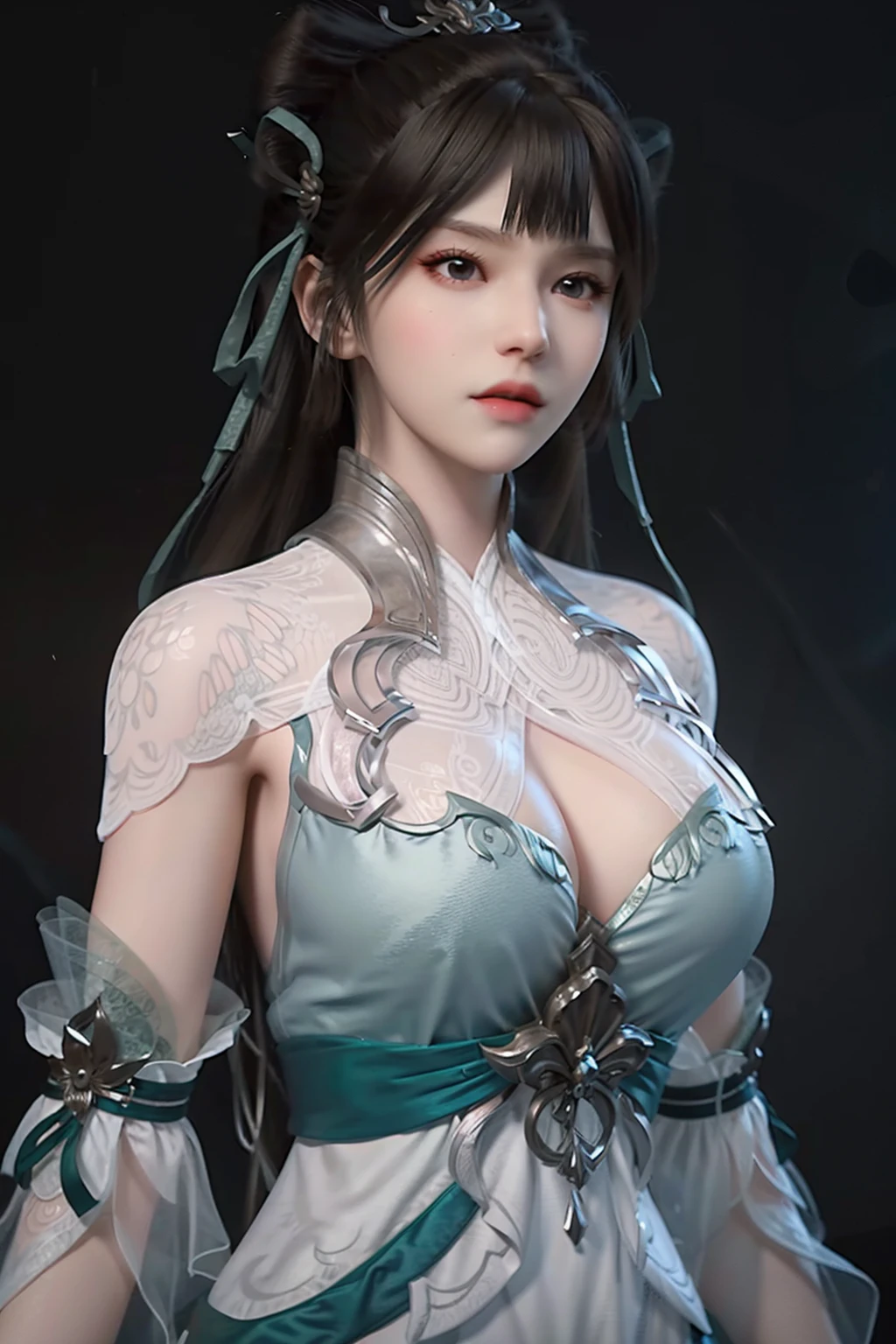 <lora:YuZimo-000001:1>,yuzimo,1girl,solo,realistic,brown hair,upper body,(simple background:1.3),breasts,long hair,cleavage,cleavage cutout,hair ornament,ribbon,clothing cutout,bangs,dress,chinese clothes,closed mouth,looking at viewer,blunt bangs,lips,see-through,(black background:1.4),, best quality , masterpiece, illustration, an extremely delicate and beautiful, extremely detailed ,CG,unity,8k wallpaper, Amazing, finely detail, masterpiece, best quality,official art,extremely detailed CG unity 8k wallpaper,absurdres, incredibly absurdres, huge filesize , ultra-detailed, highres, extremely detailed,beautiful detailed girl, extremely detailed eyes and face, beautiful detailed eyes,light on face,