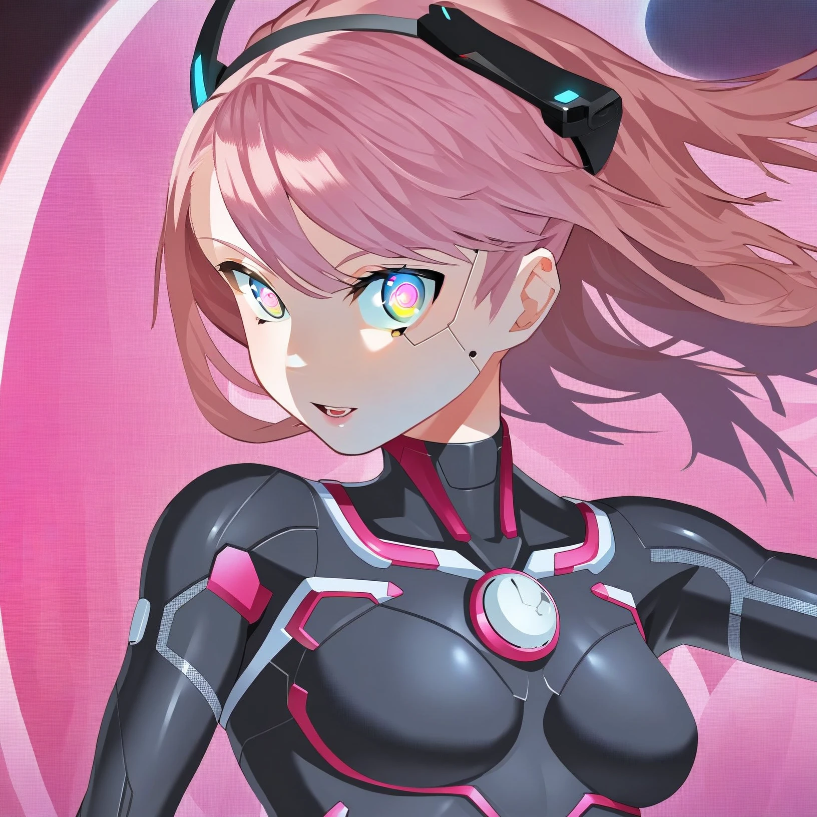 <lora:Atsushi_Ohkubo_Style_1_V_1.1-000001:1>, woman, cyborg suit, large eyes, glowing eyes, pink hair, mosaic background, art by Atsushi Ohkubo