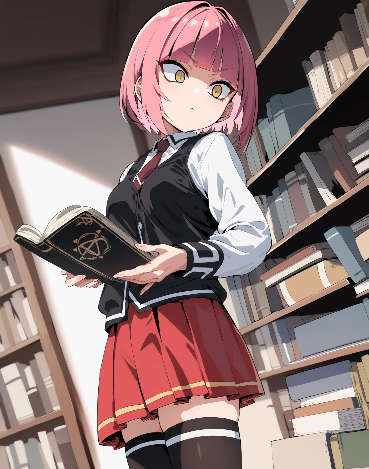 score_9, score_8_up, score_7_up,score_6_up, a girl in a library, dutch angle, standing, reading a book, bowl_cut, pink hair, blunt bangs, yellow eyes, short hair, 
<lora:benantoka_style_pony6_v2-000026:.8> bnantkstyl  <lora:bible_black_uniform_xl_v3:0.8> school uniform, white shirt, black vest, black thighhighs, red skirt, red necktie