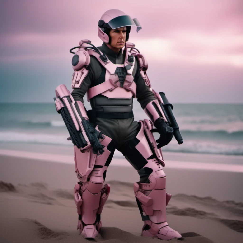 Dystopian style cinematic photo full body tom cruise wears a pink futuristic light armor, helmet, beach background <lora:Exosuit1024:0.8> . 35mm photograph, film, bokeh, professional, 4k, highly detailed . Bleak, post-apocalyptic, somber, dramatic, highly detailed