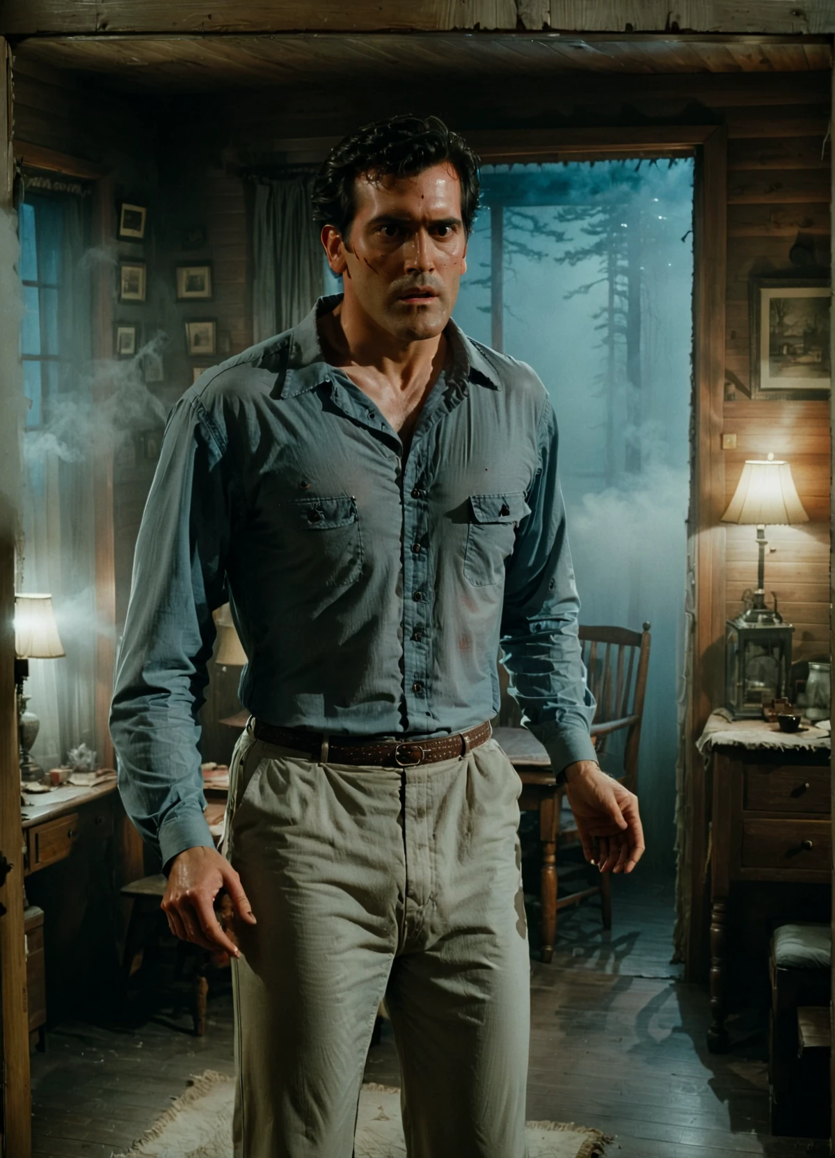 a photo of a ashwll man wearing shirt and pants inside a cabin,cinematic,fog,film grain