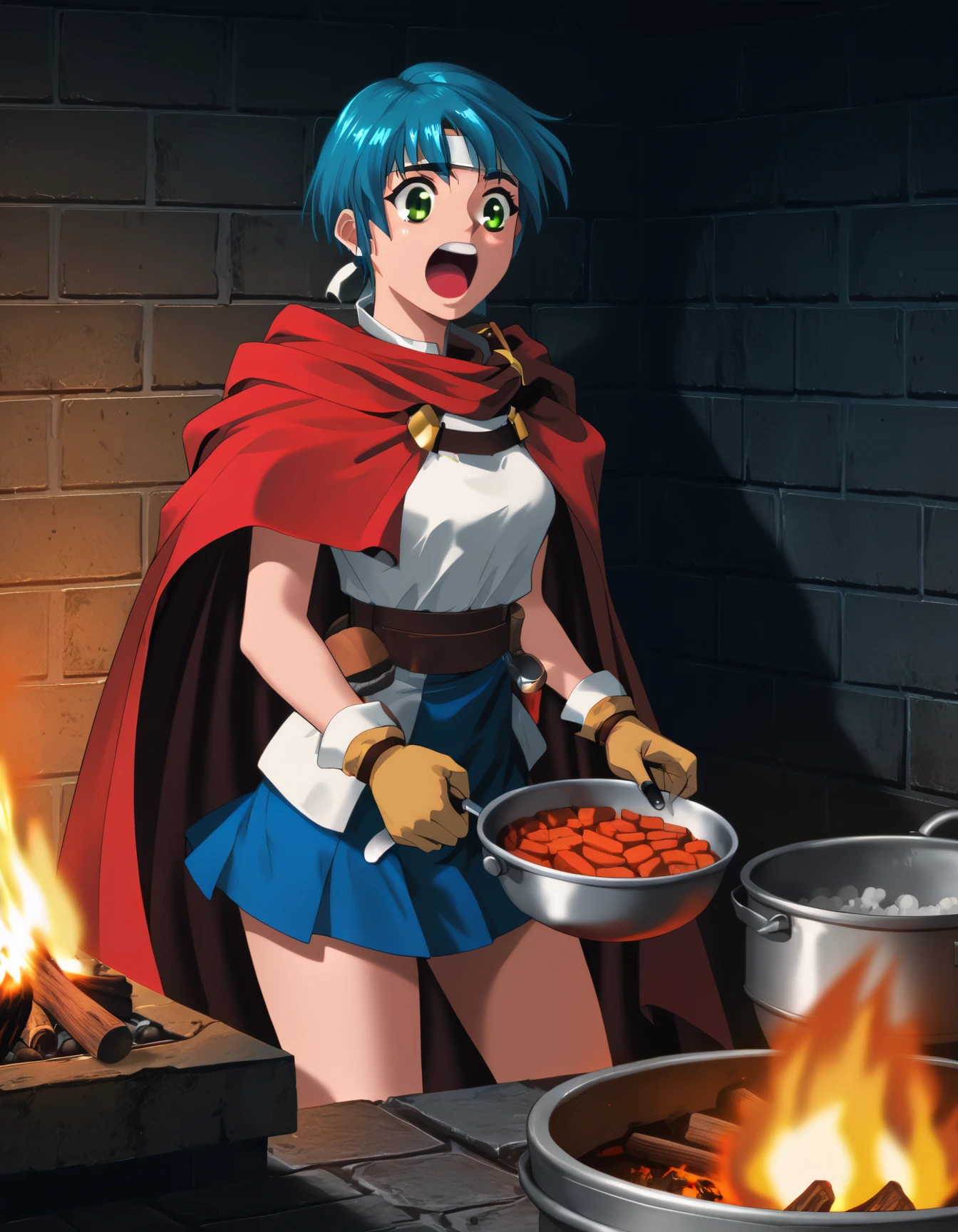 score_9,  score_8_up, score_7_up <lora:epo-ponyxl-000040:1> wwepo, blue hair, green eyes, (headband:0.5), red cape, microskirt, blue skirt,
boiling, brick wall, bubble, campfire, cooking, dungeon, excited, open mouth