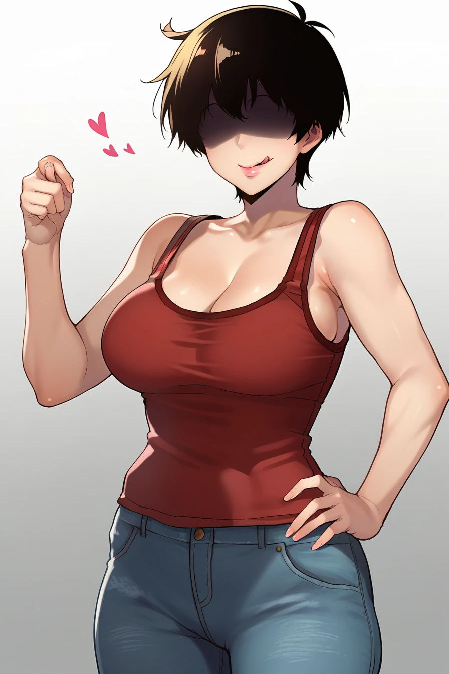 score_7_up,anime,1girl,solo,large breasts,<lora:segg_gesture_v2_wasabiya:1>,segg gesture, tanktop, red shirt, denim pants, hand up, hand on hip, smile, licking lips, shaded face, heart