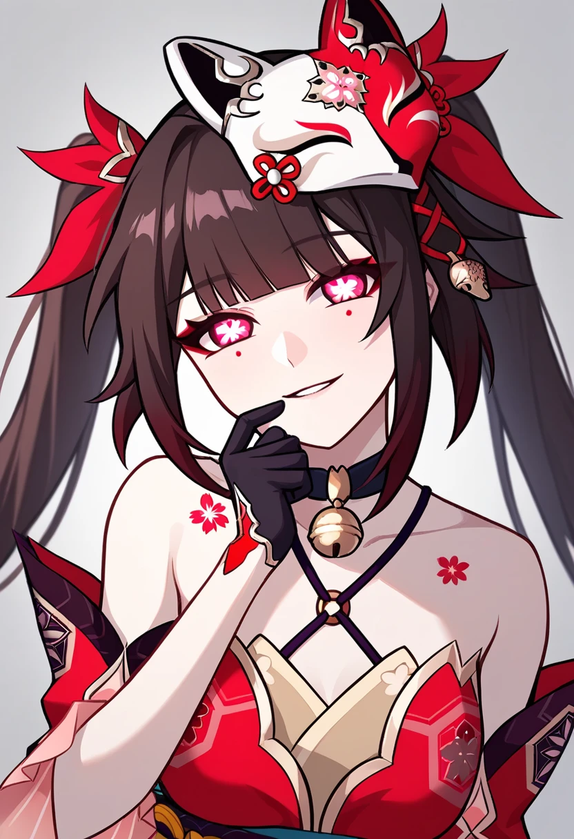 score_9,score_8_up,score_7_up,<lora:star_rail_all:1>,1girl, bare_shoulders, bell, black_gloves, blunt_bangs, bow, breasts, brown_hair, commentary_request, floral_background, flower-shaped_pupils, fox_mask, gradient_background, grey_background, hair_between_eyes, hands_on_own_chin, head_rest, head_tilt, long_hair, looking_at_viewer, mask_on_head, parted_lips, pink_eyes, red_dress, single_glove, smile, solo, sparkle_\(honkai:_star_rail\), twintails, upper_body, white_background