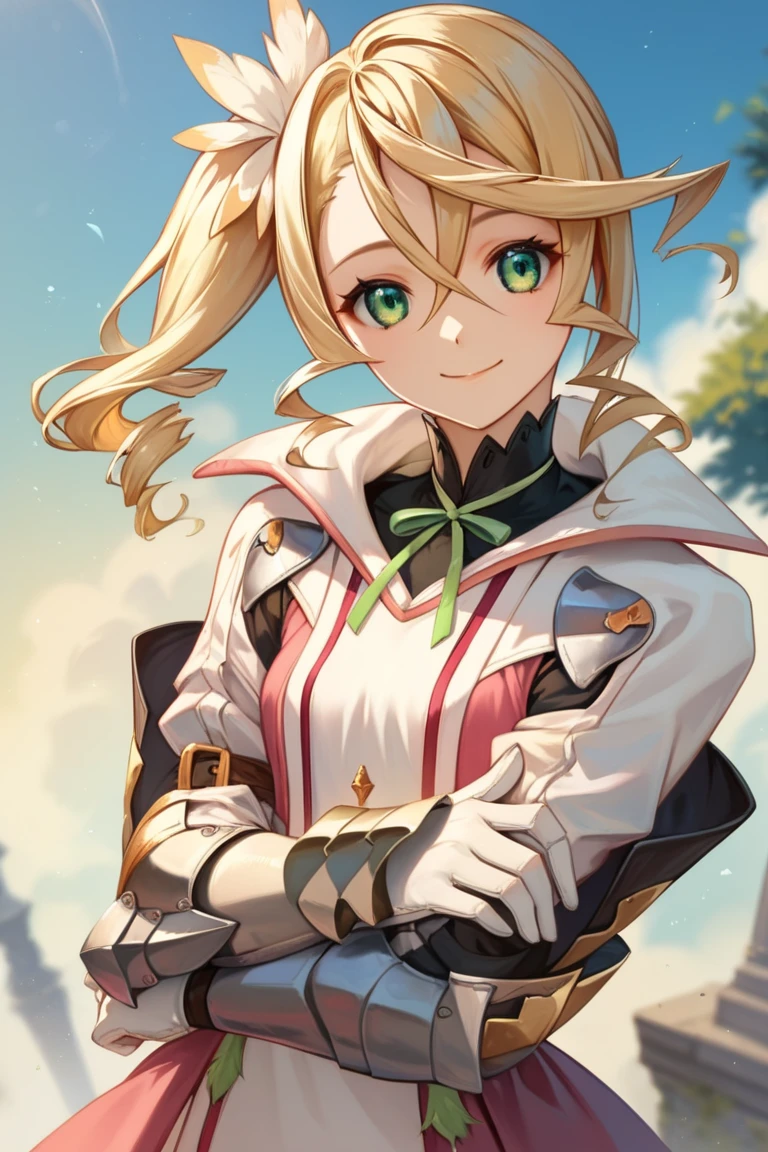 score_9, score_8_up, score_7_up, very aesthetic, source_anime, detailed, high quality, beautiful, masterpiece, detailed eyes,
indoor, simple background, blurry background,
<lora:lightXL:0.8>
cowboy shot, light smile, looking at viewer,
<lora:alisha_autismConfetti_v01:0.95> small breasts,
alisha diphda, blonde hair, dress, green eyes, side ponytail, hair between eyes, hair ornament, knee boots, greaves, thigh strap, white gloves, gauntlets, long sleeves, crest,
holding own arm,, zPDXL